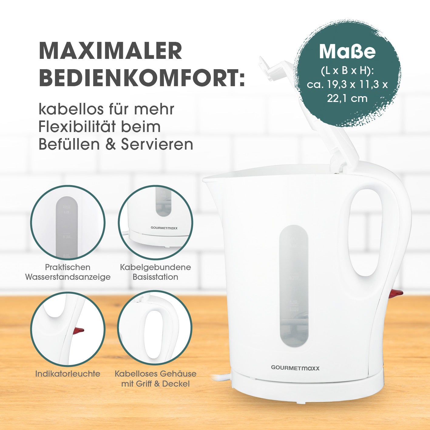 GOURMETmaxx Wasserkocher 1l weiß/grau mit kabellosem Gehäuse, Wasserstandsanzeige und kabelgebundener Basisstation, 1 Liter Fassungsvermögen.