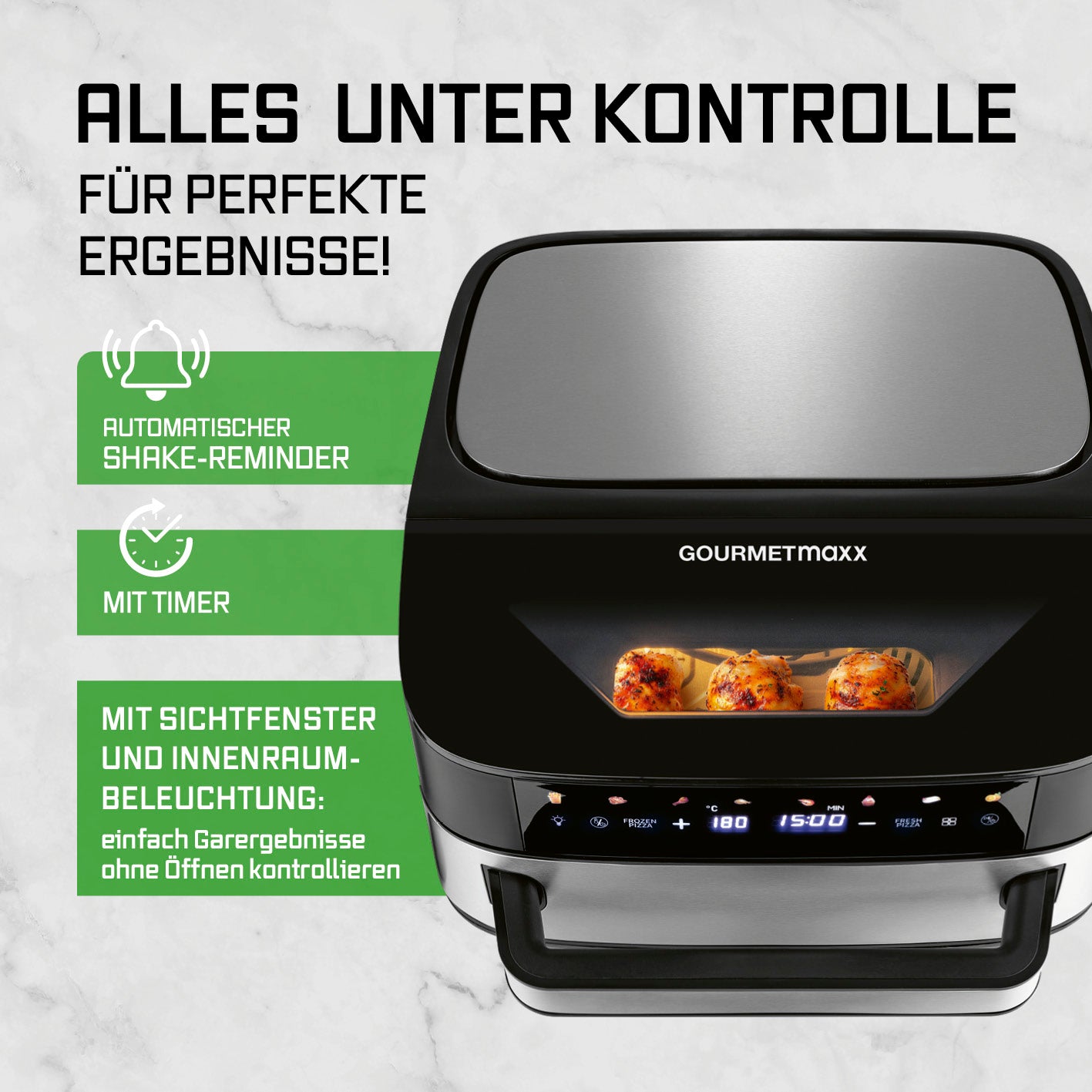 Heißluftfritteuse mit XXL-Garfläche - 7 Liter mit Timer, Sichtfenster, Innenlicht und automatischem Shake-Reminder für perfekte Ergebnisse.