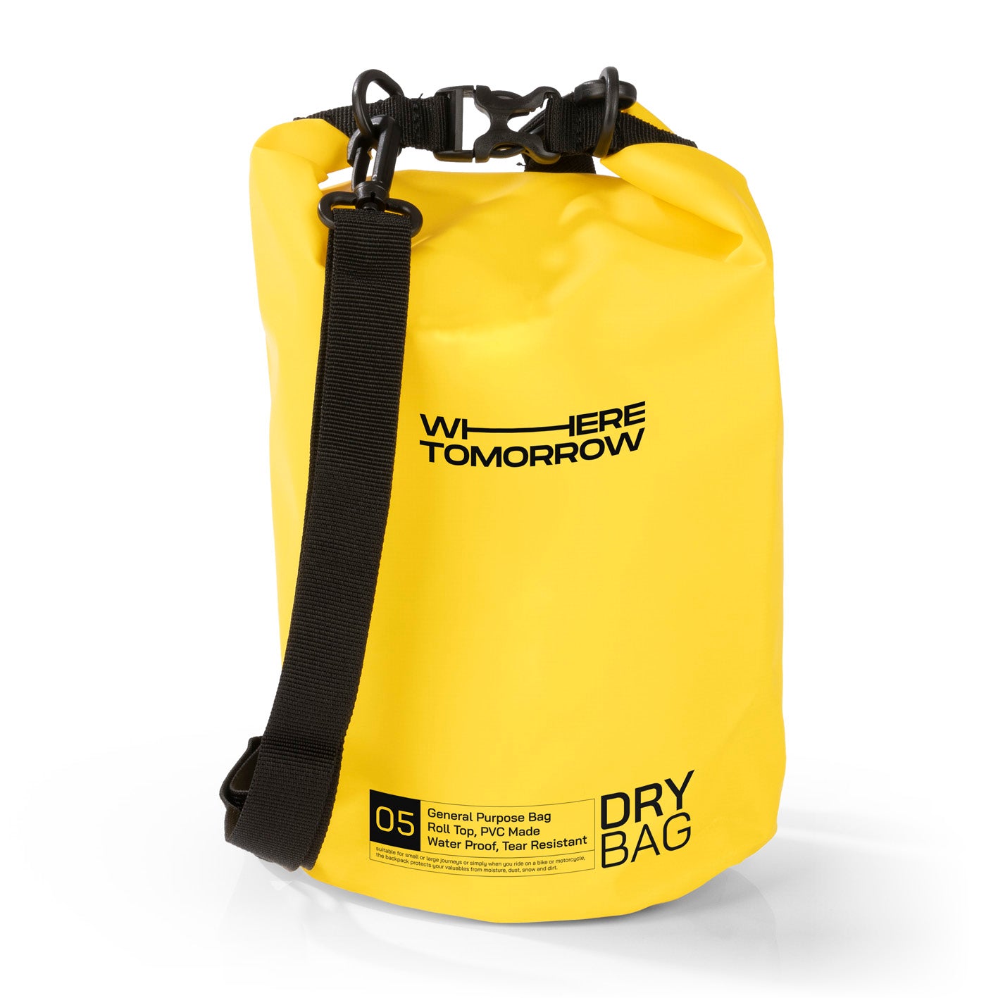 Dry Bag 5L - Style 01 - Gelb, wasserdichter, robuster Outdoor-Rucksack mit Rolltop und verstellbarem Schultergurt.