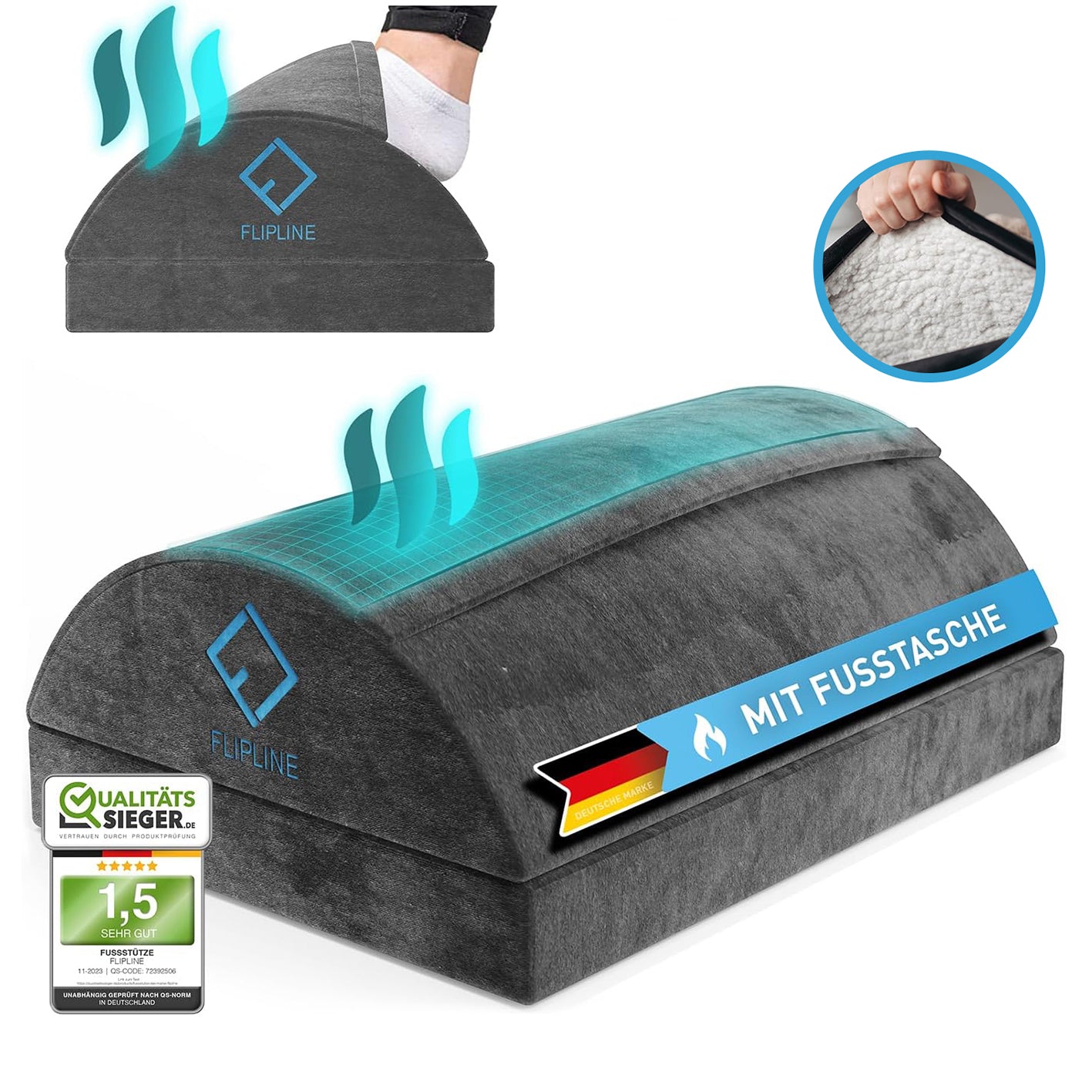 Schreibtisch-Fußstütze mit Fußtasche - Dunkelgrau mit weichem Samtbezug, höhenverstellbar und wärmender Fußtasche für ergonomischen Komfort