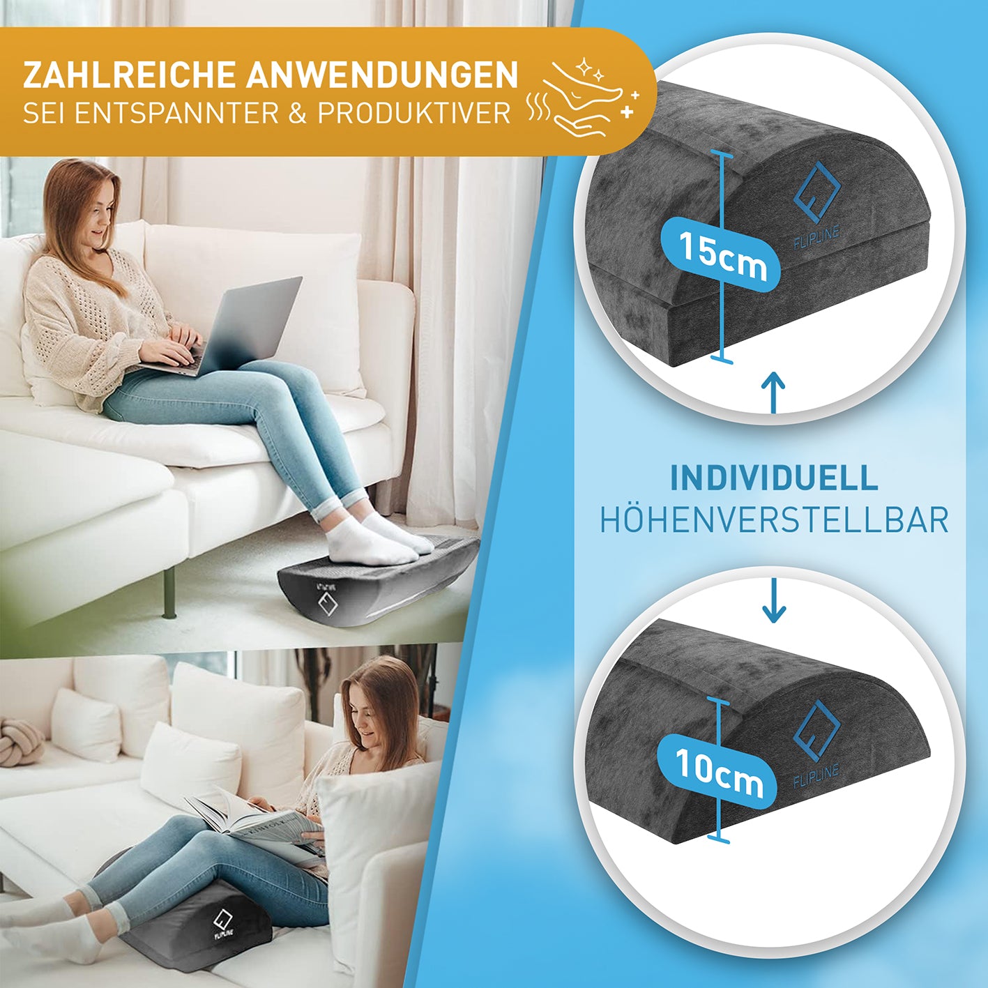 Schreibtisch-Fußstütze mit Fußtasche - Dunkelgrau, höhenverstellbar, ergonomisch, samtbezogen für warme und entspannte Füße im Homeoffice.