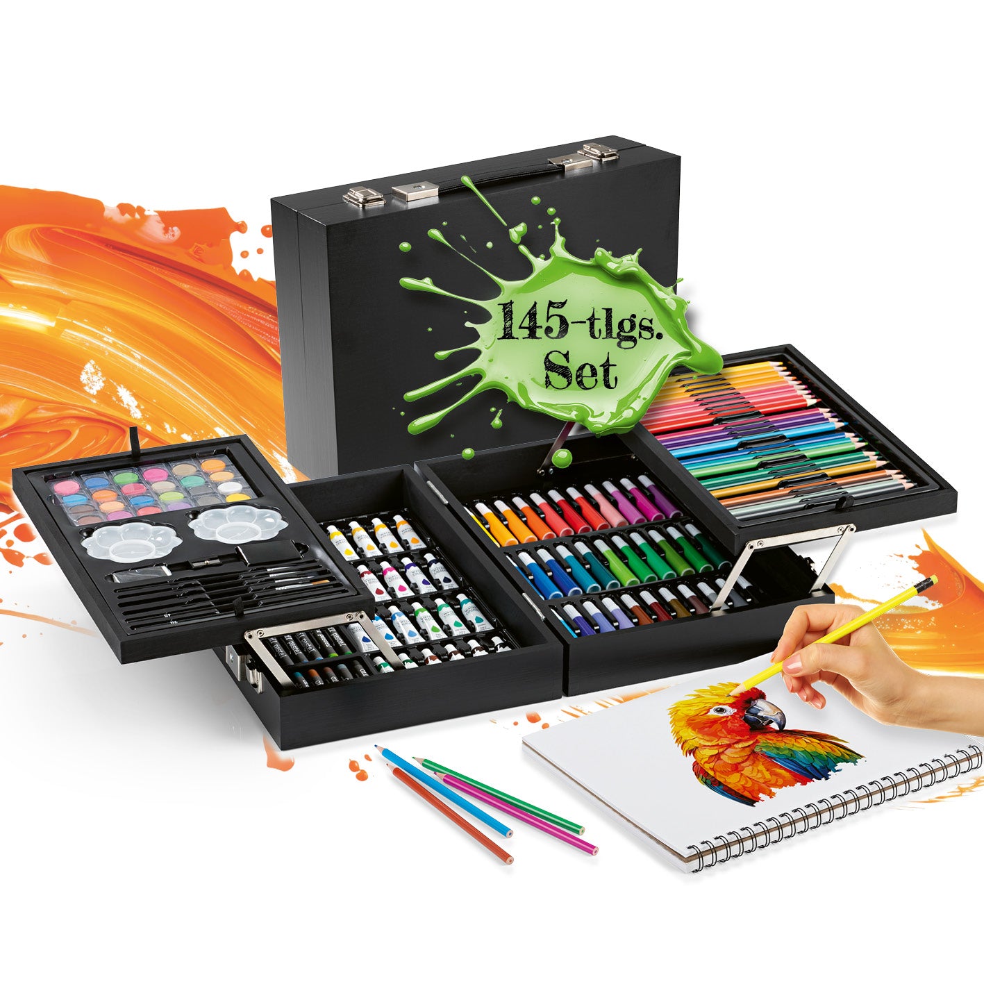 Mal- und Zeichenkoffer - 145-tlg. mit Acrylfarben, Stiften und Aquarellfarben im praktischen Koffer für kreative Künstler:innen.