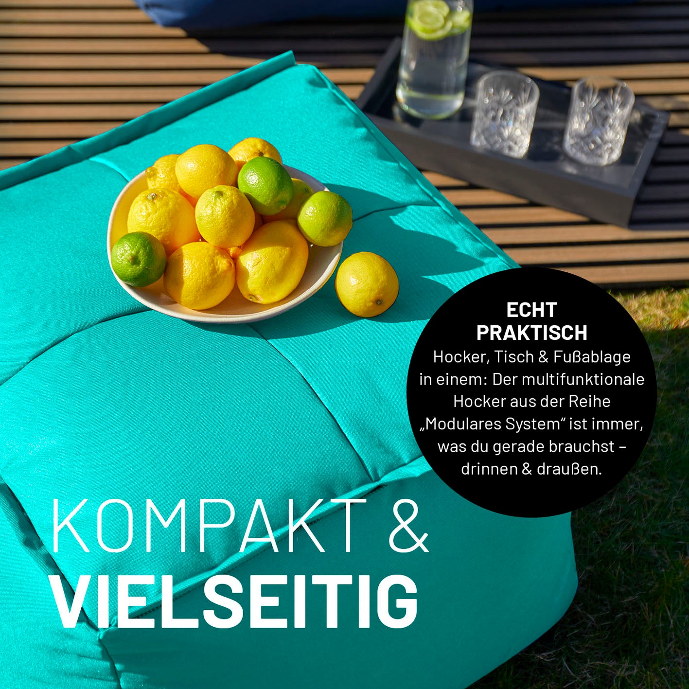 Sitzsack-Hocker (200 L) - Modulares System, türkis, vielseitig nutzbar als Hocker, Tisch und Fußablage, robust und für indoor & outdoor geeignet.