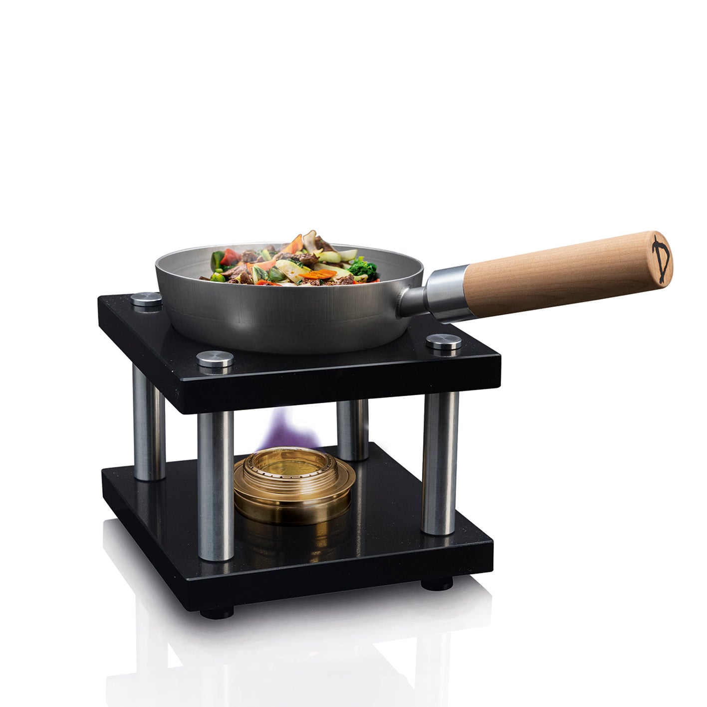 Tisch-Kochset für bis zu 2 Personen - Edelstahl/schwarz mit Pfanne, Brenner und Holzgriff für vielseitiges Kochen überall