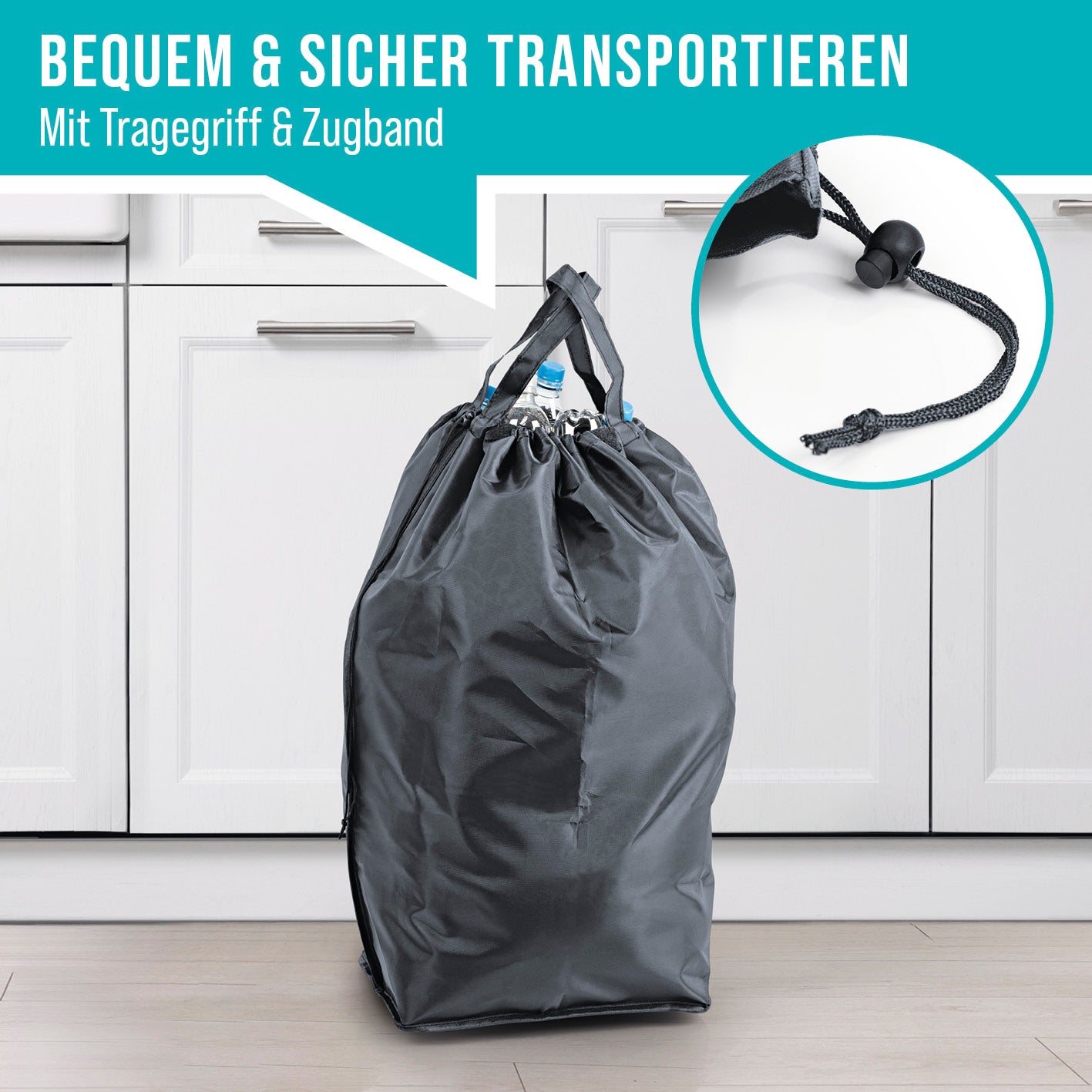 Pfandflaschen-Sammelbehälter - Anthrazit mit wasserabweisender Tasche, Tragegriff und Zugband für sicheren Transport.