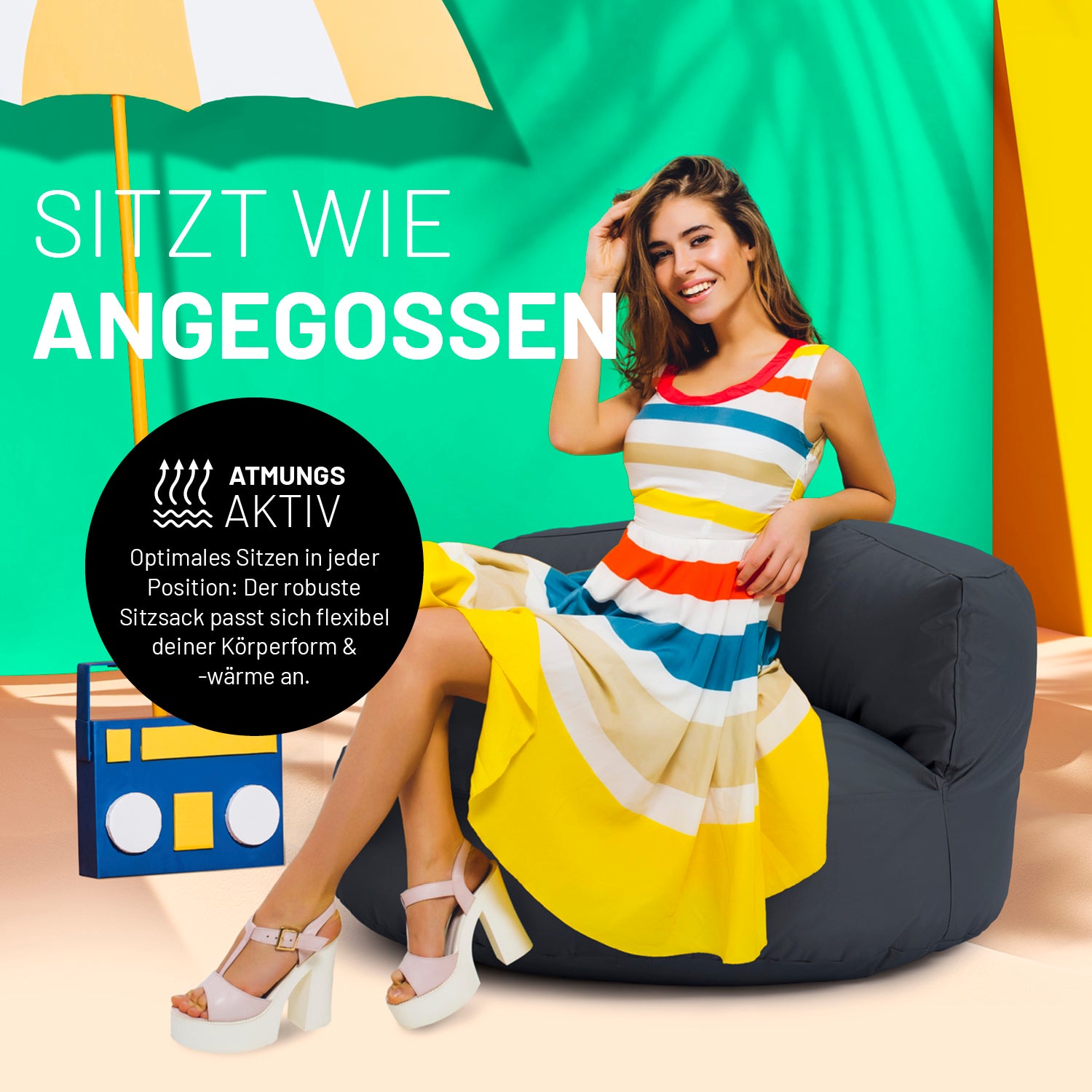 Sitzsack Lounge (320 L) Stahlgrau mit atmungsaktivem, robustem Material für drinnen und draußen, passt sich Körperform flexibel an.