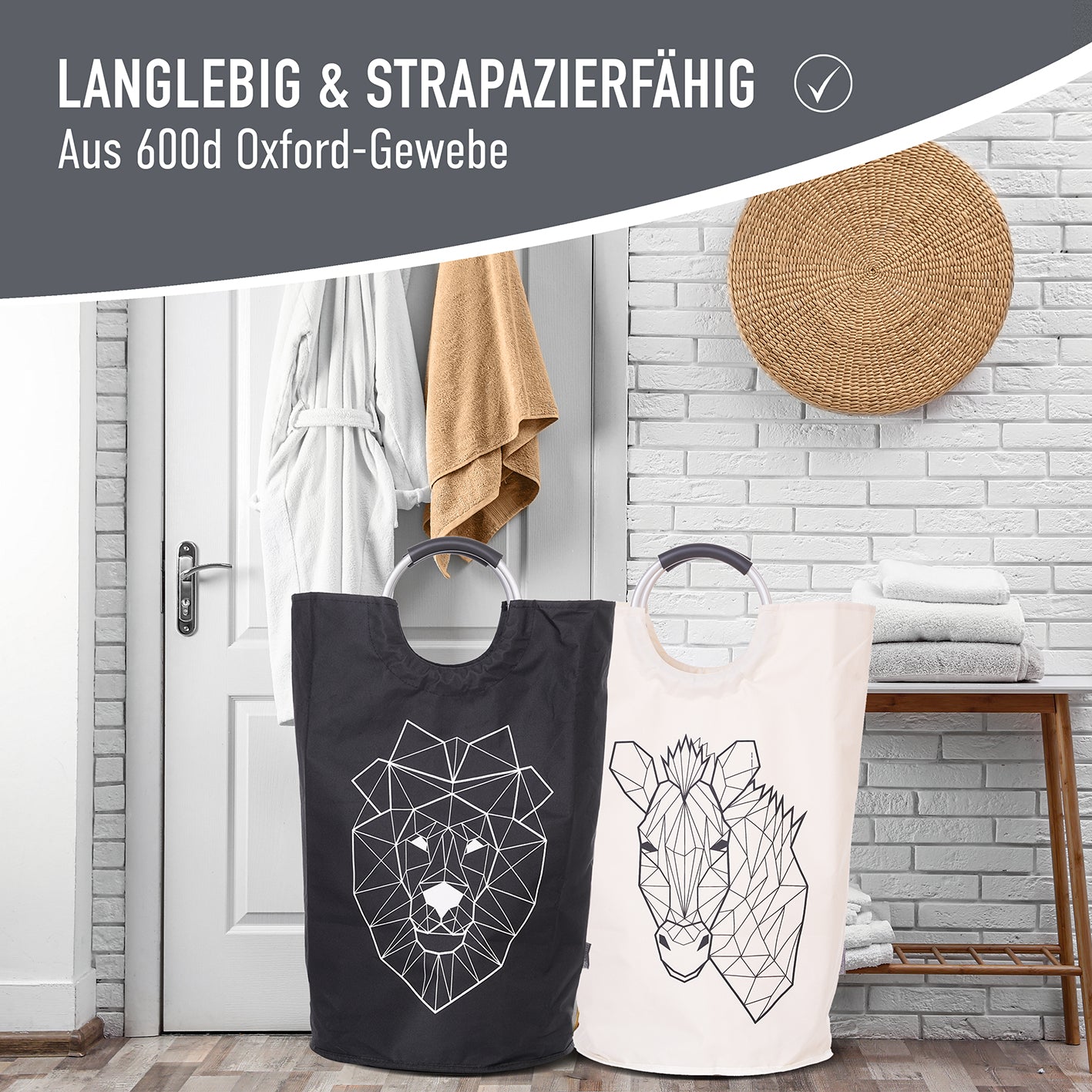 Faltbarer Wäschekorb - 2er Set - Motiv Löwe & Zebra aus robustem 600d Oxford-Gewebe, platzsparend und strapazierfähig.