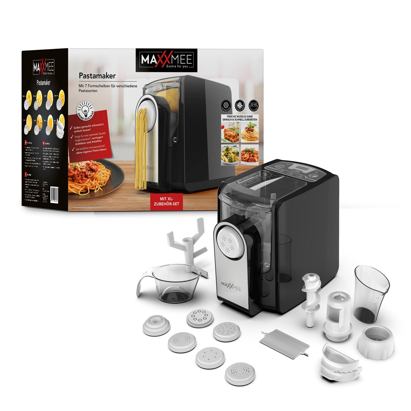 Pasta Maker mit 7 Formscheiben für verschiedene Pastasorten, automatisches Kneten, digitales Bedienfeld, abnehmbare Teile spülmaschinengeeignet.