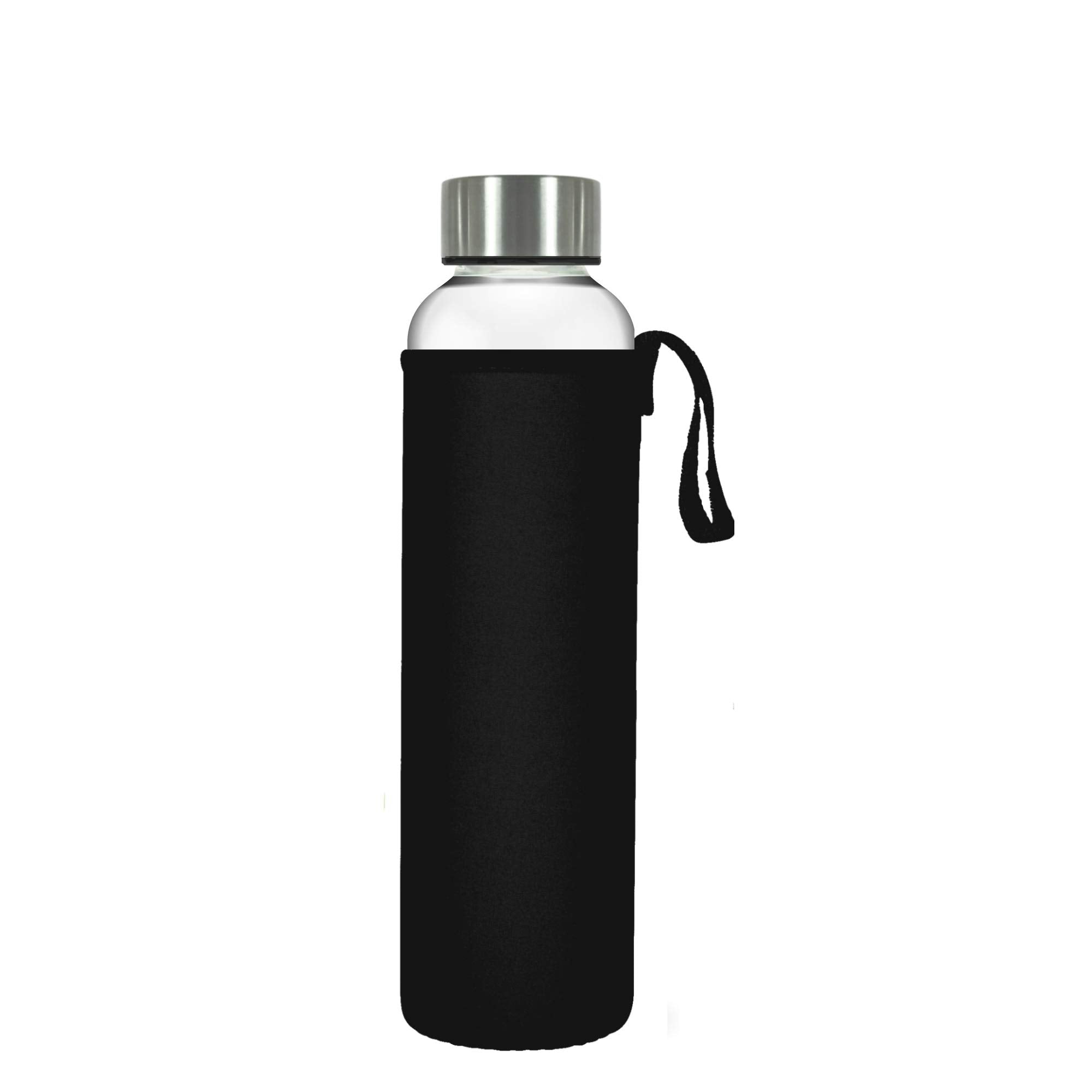 Trinkflasche 1 L - Schwarz mit Neoprenhülle, robustem Glas und Edelstahlverschluss, ideal für unterwegs und Alltag.