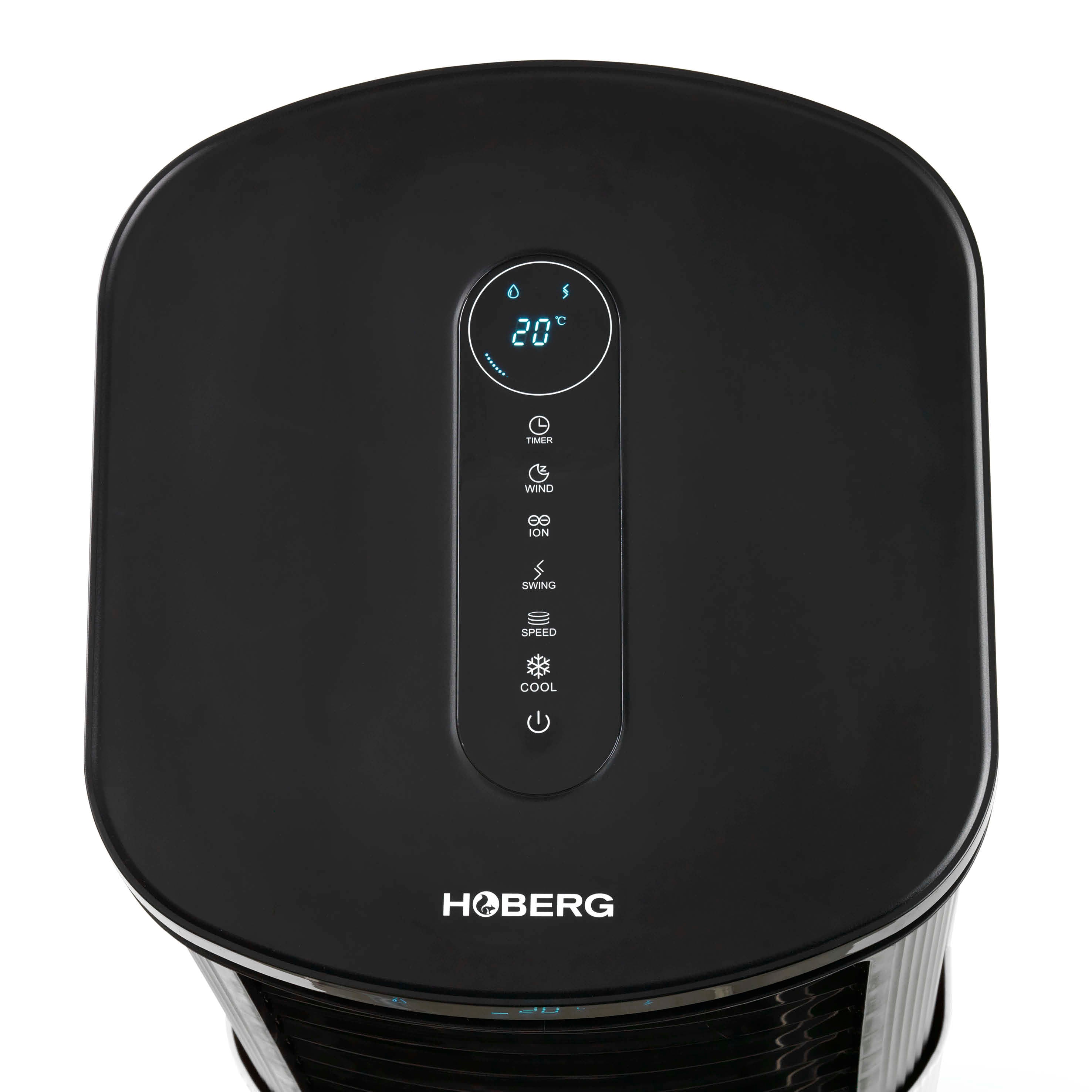 Luftkühler mit Peltier-Element von Hoberg mit LED-Touch-Display, Timer, Schlafmodus, 4 Geschwindigkeitsstufen und Schwenkfunktion.