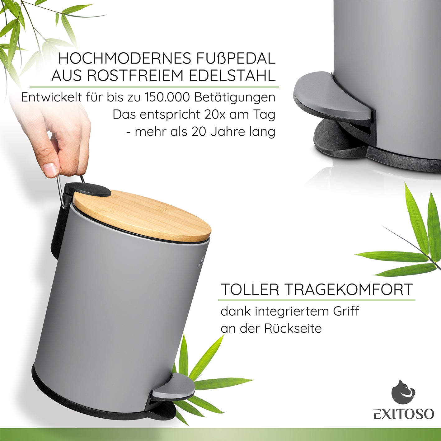 Tretmülleimer mit Softclose-Deckel - 3 l - Grau mit robustem Fußpedal aus Edelstahl und praktischem Griff für komfortables Tragen.