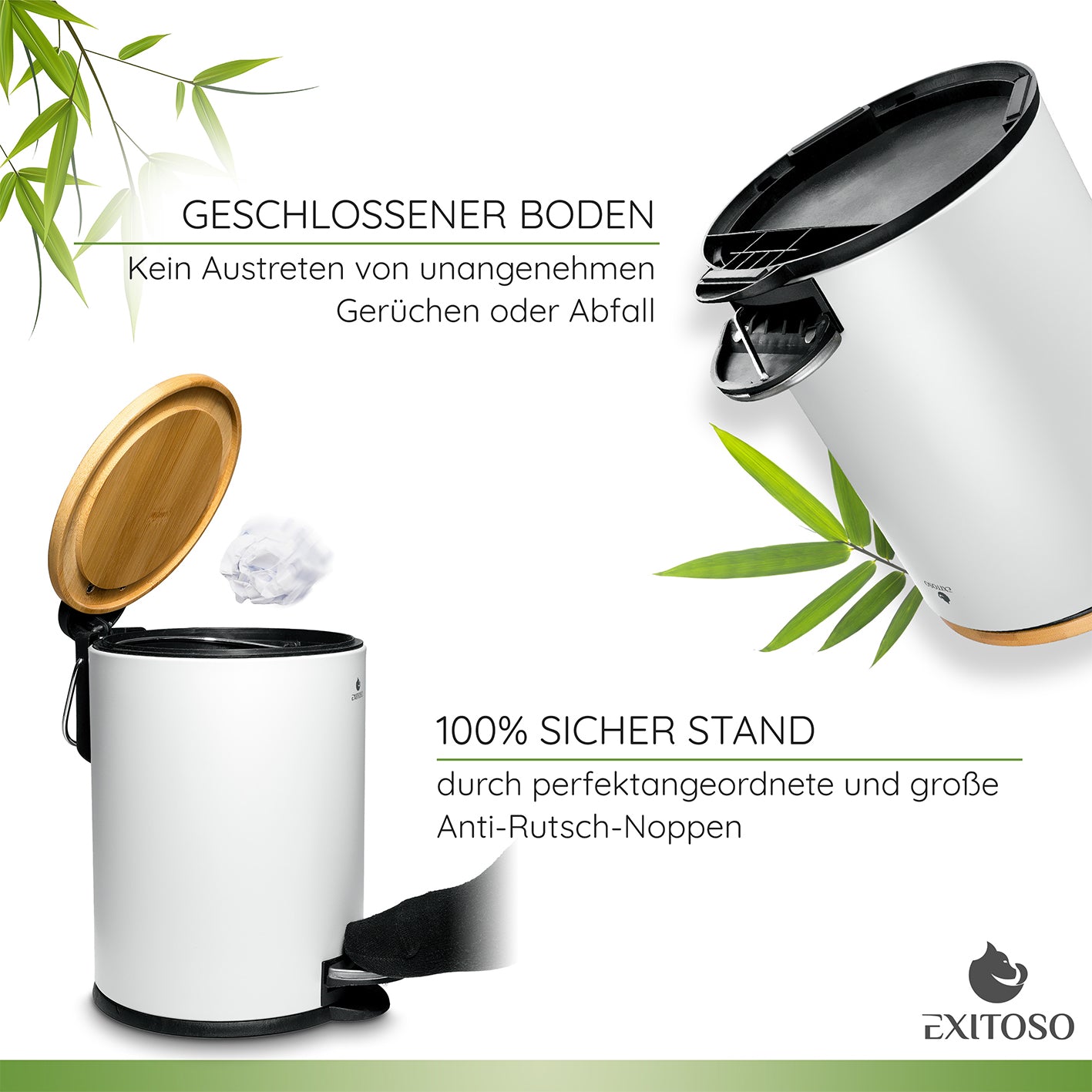 Tretmülleimer mit Softclose-Deckel - 3 l - Weiß, rostfrei, geschlossener Boden, Anti-Rutsch-Noppen, geräuschloses Schließen, Bambusdeckel