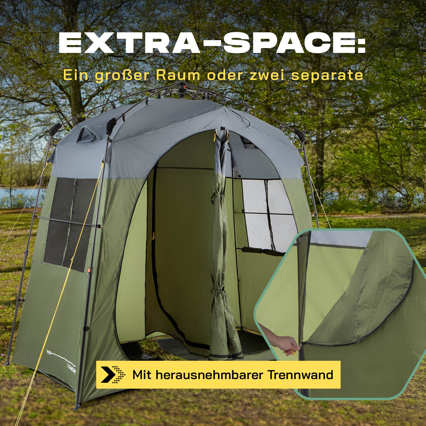 Pop-up-Duschzelt für 2 Personen - grün/grau mit extra Raum und herausnehmbarer Trennwand für mehr Flexibilität beim Camping.