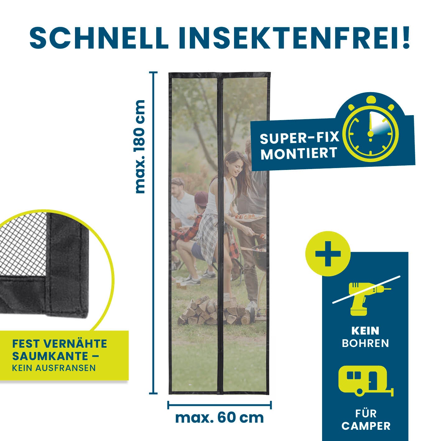 Insektenschutzvorhang für Wohnwagen - 60 x 180 cm mit 14 Magnetbändern, robust, leicht montierbar, luftdurchlässig, ideal für Camping.