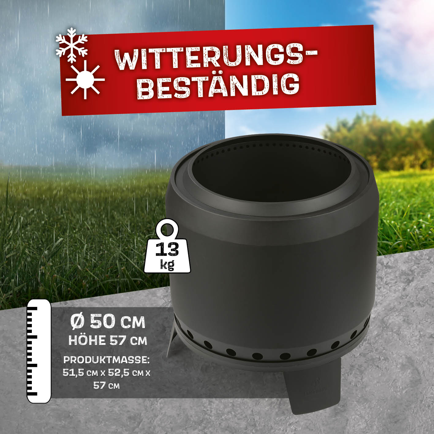 Raucharmer Feuerkorb Ø 50 cm - rund - schwarz, wetterfest, pulverbeschichteter Stahl, 3 Beine, 13 kg, 57 cm hoch, Landmann Qualität seit 1966.