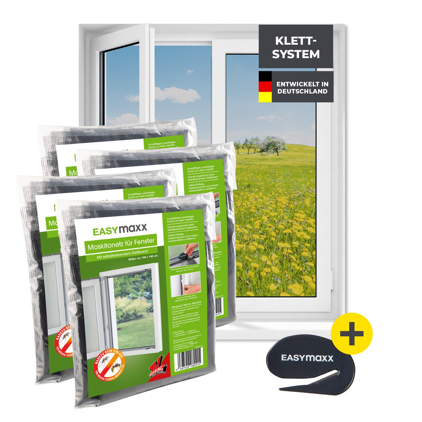 Moskitonetz für Fenster mit selbstklebendem Klettband 4er-Set 150x180 cm schwarz, einfacher Schutz vor Insekten ohne Bohren.