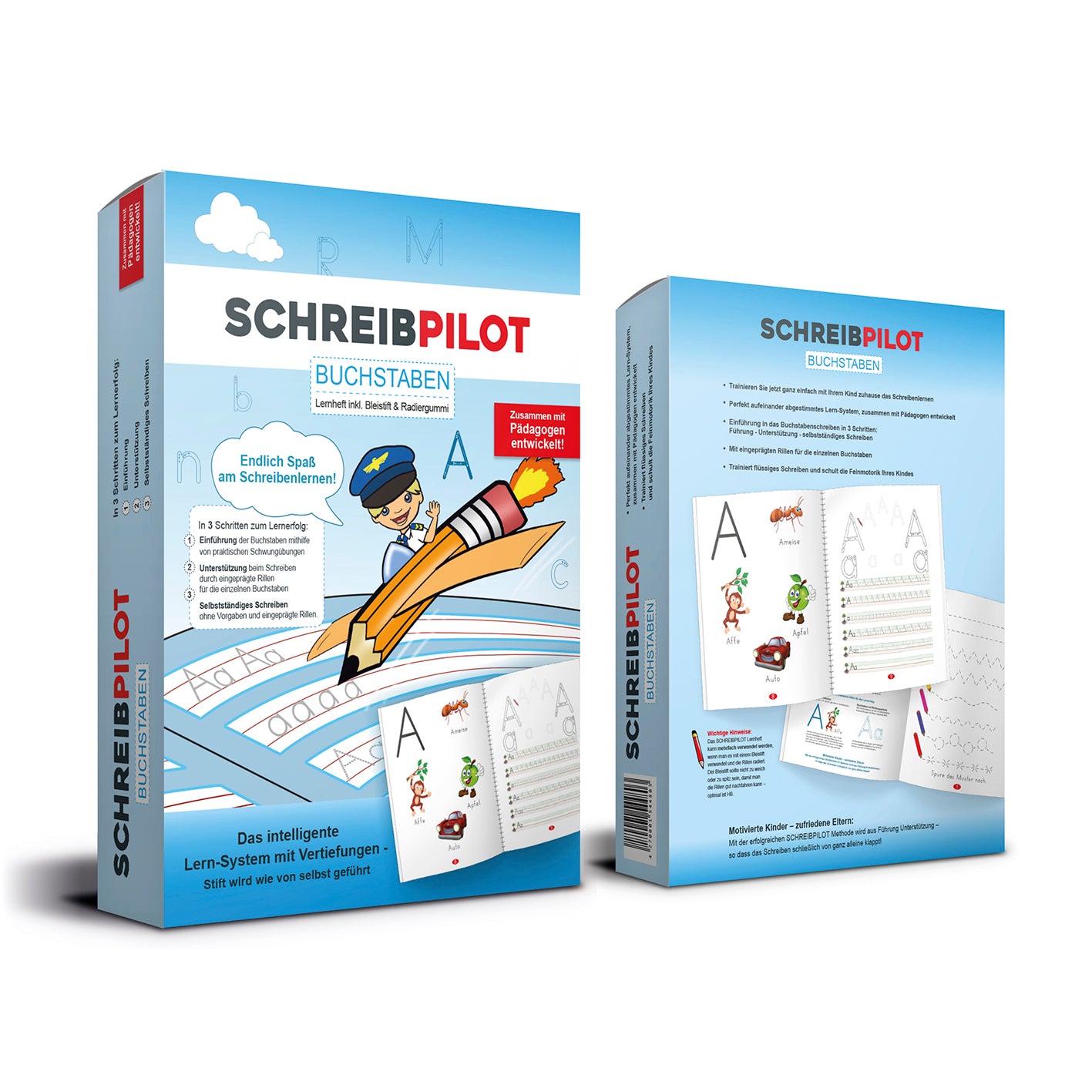 Heft Buchstaben mit Bleistift/Radiergummi - DIN-A4 Lernsystem für flüssiges Schreiben und Feinmotorik mit Rillen und Schwungübungen.
