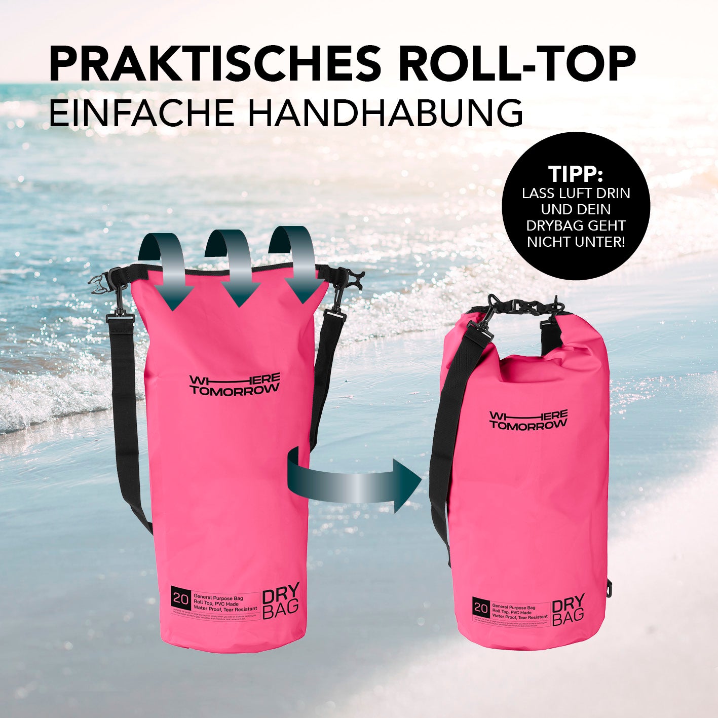Dry Bag 20L - Style 01 - Pink mit robustem, wasserdichtem Rolltop-Verschluss und verstellbarem Schultergurt für Outdoor-Abenteuer.