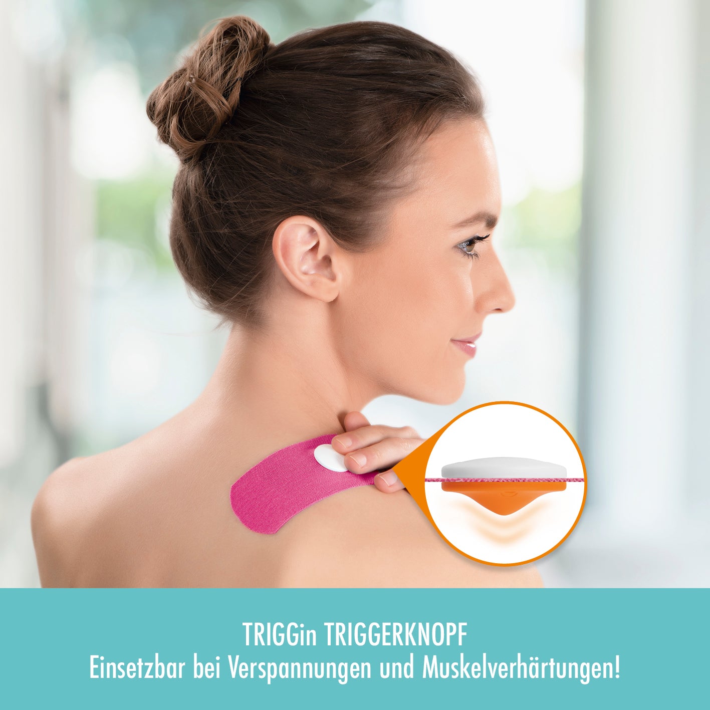 Frau mit Triggerknopf mit pinkem Tape - 3er-Set auf Schulter gegen Verspannungen und Muskelverhärtungen.