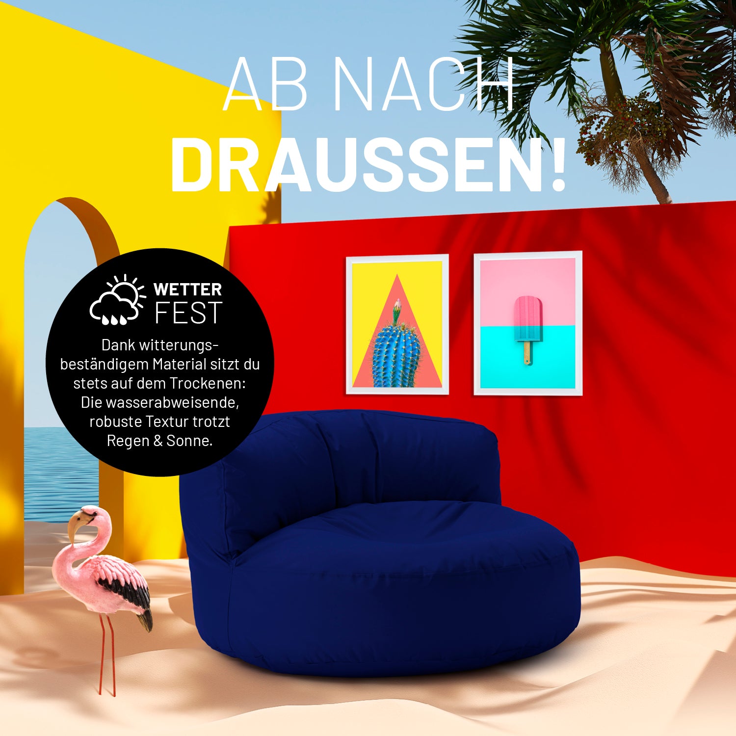 Sitzsack Lounge (320 L) Dunkelblau, wetterfest, robust, gemütlich drinnen und draußen, leicht zu reinigen, mit verdecktem Reißverschluss.