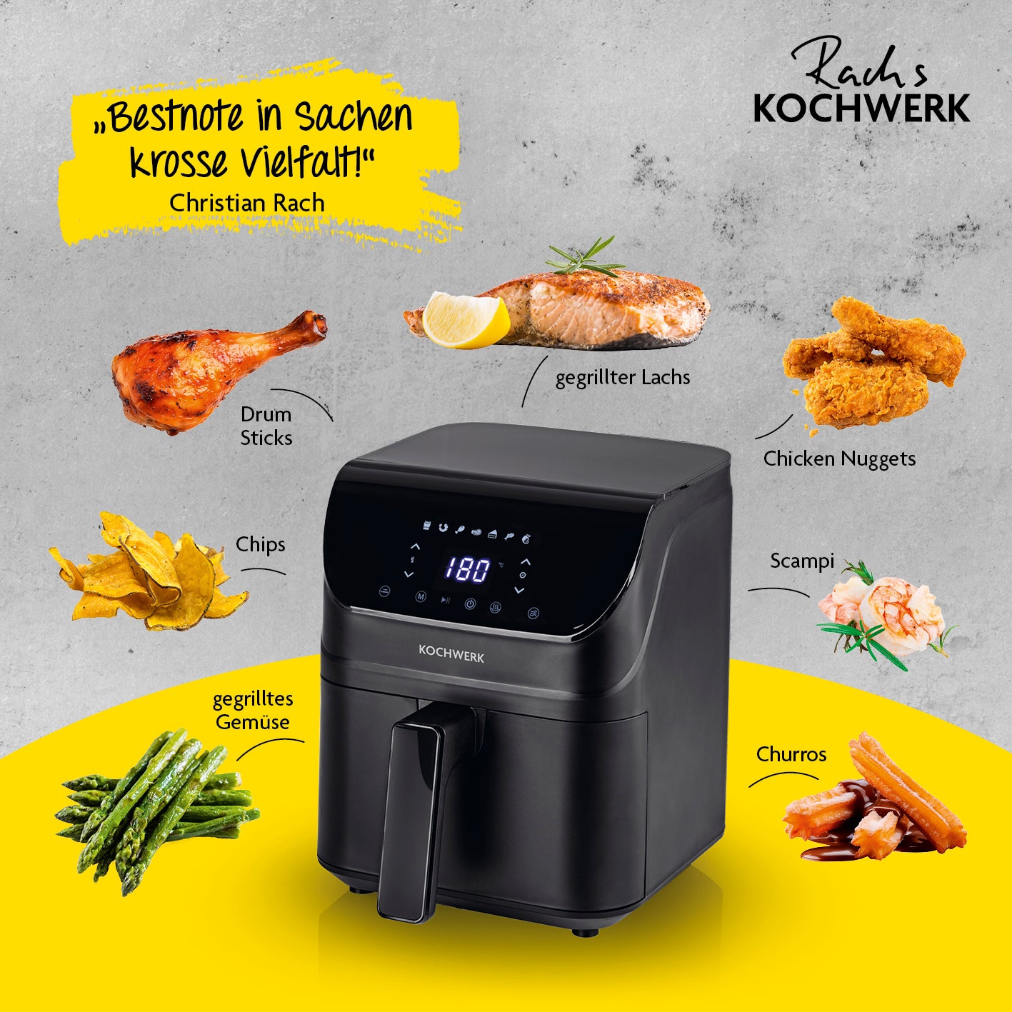 Heißluft-Fritteuse Digital mit Shake-Reminder 4l - 7 Programme zeigt vielseitige Zubereitung von Fleisch, Fisch, Gemüse und Snacks.