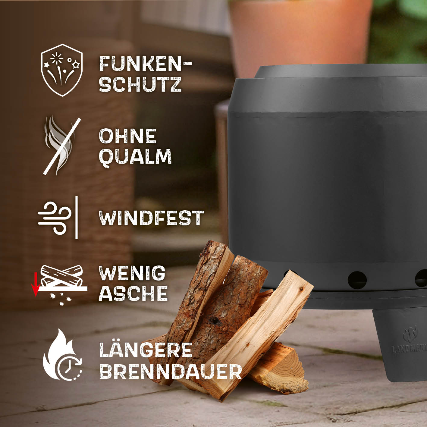 Raucharmer Feuerkorb Ø 50 cm - rund - schwarz mit Funkenschutz, windfest, langer Brenndauer und wenig Asche von LANDMANN.