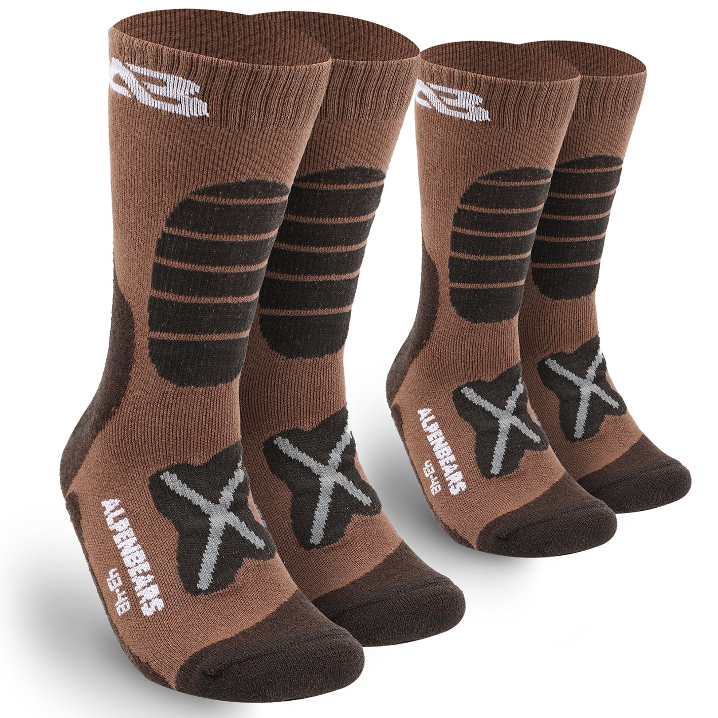 Wandersocken Merino Wolle - 2er-Set - Braun - Braun - Größe 43-48 mit Polsterung und atmungsaktiv für warme und trockene Füße beim Wandern.