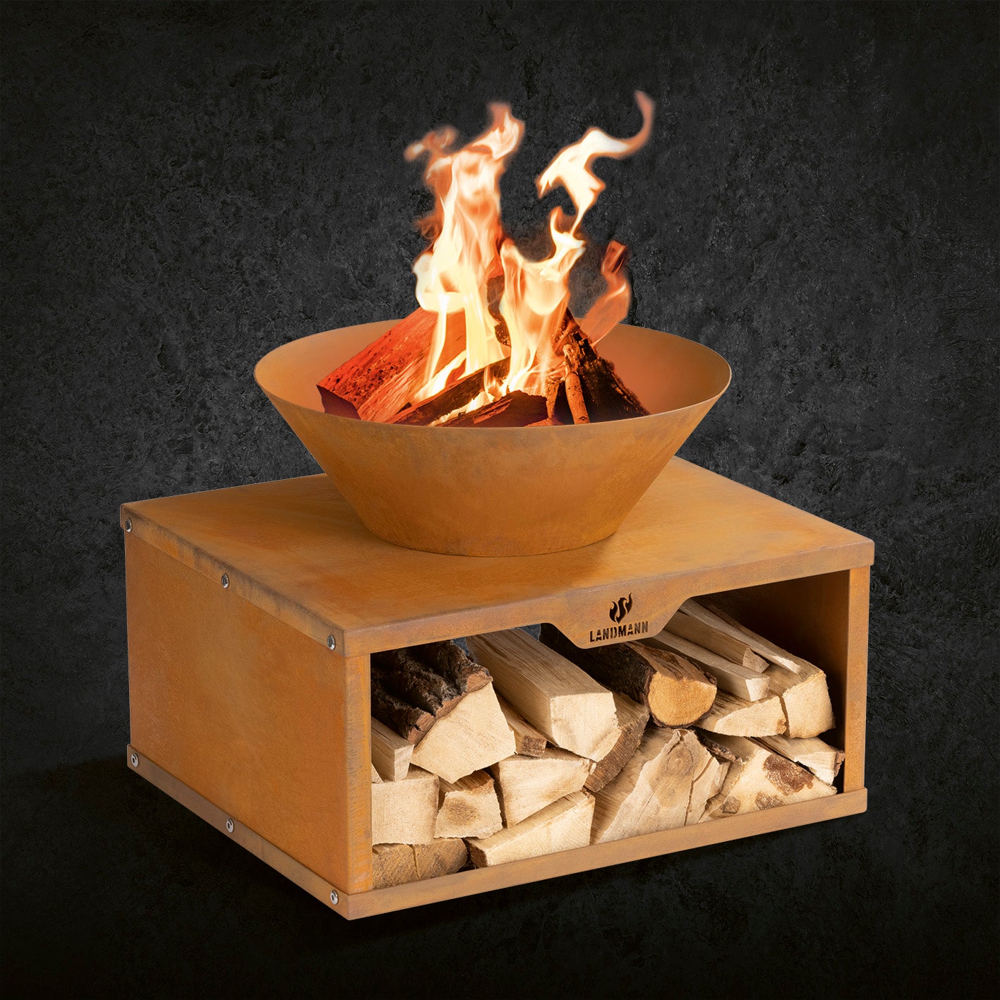 Feuerschale mit Holzlager - 60 x 50 x 54 cm aus Cortenstahl mit praktischem Holzlager und zeitlosem Design für Garten und Feuerstellen.