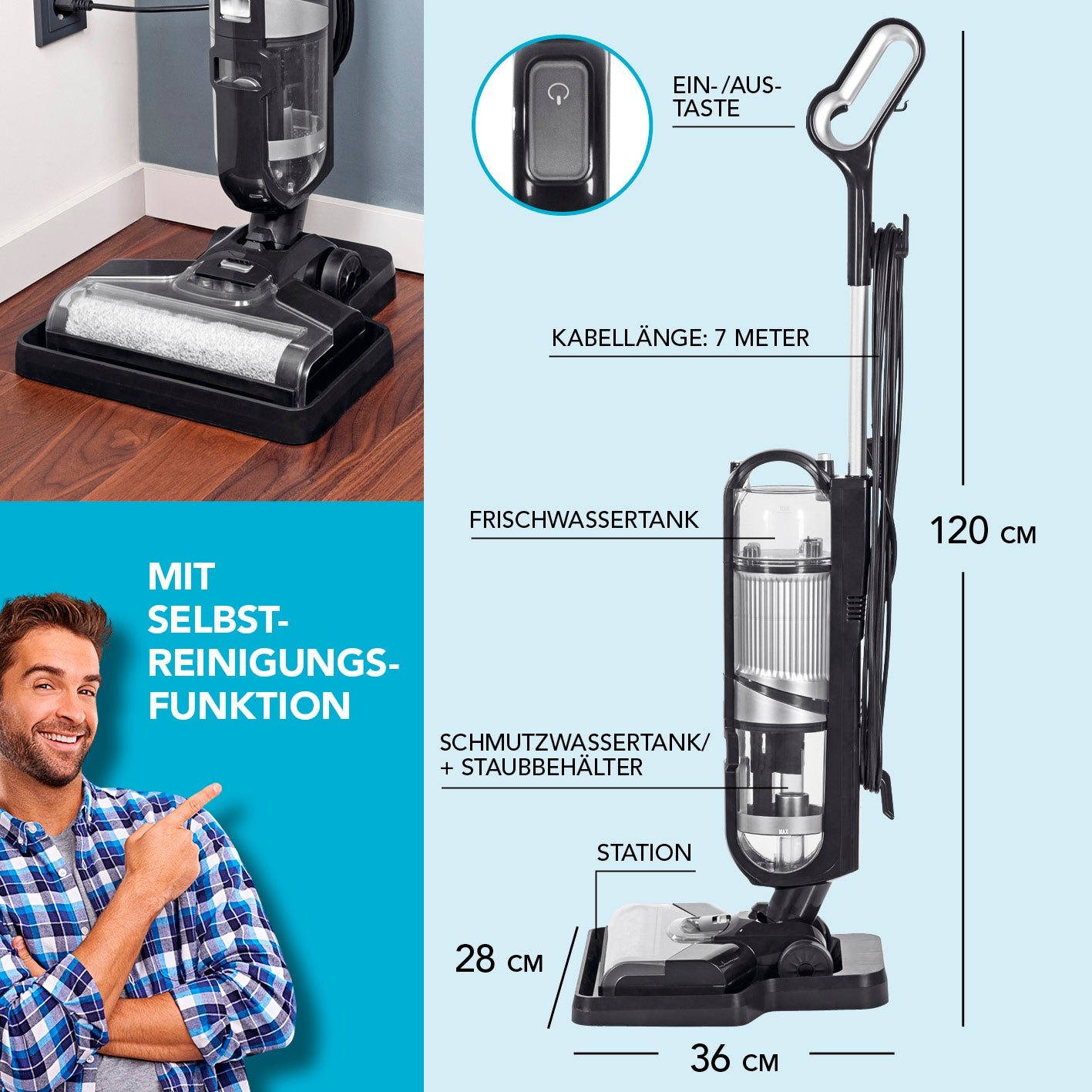Multi-Bodenreiniger von CLEANmaxx mit 3in1 Funktion, 7m Kabel, Frischwasser- & Schmutzwassertank, selbstreinigend, ideal für Teppich und Hartboden.