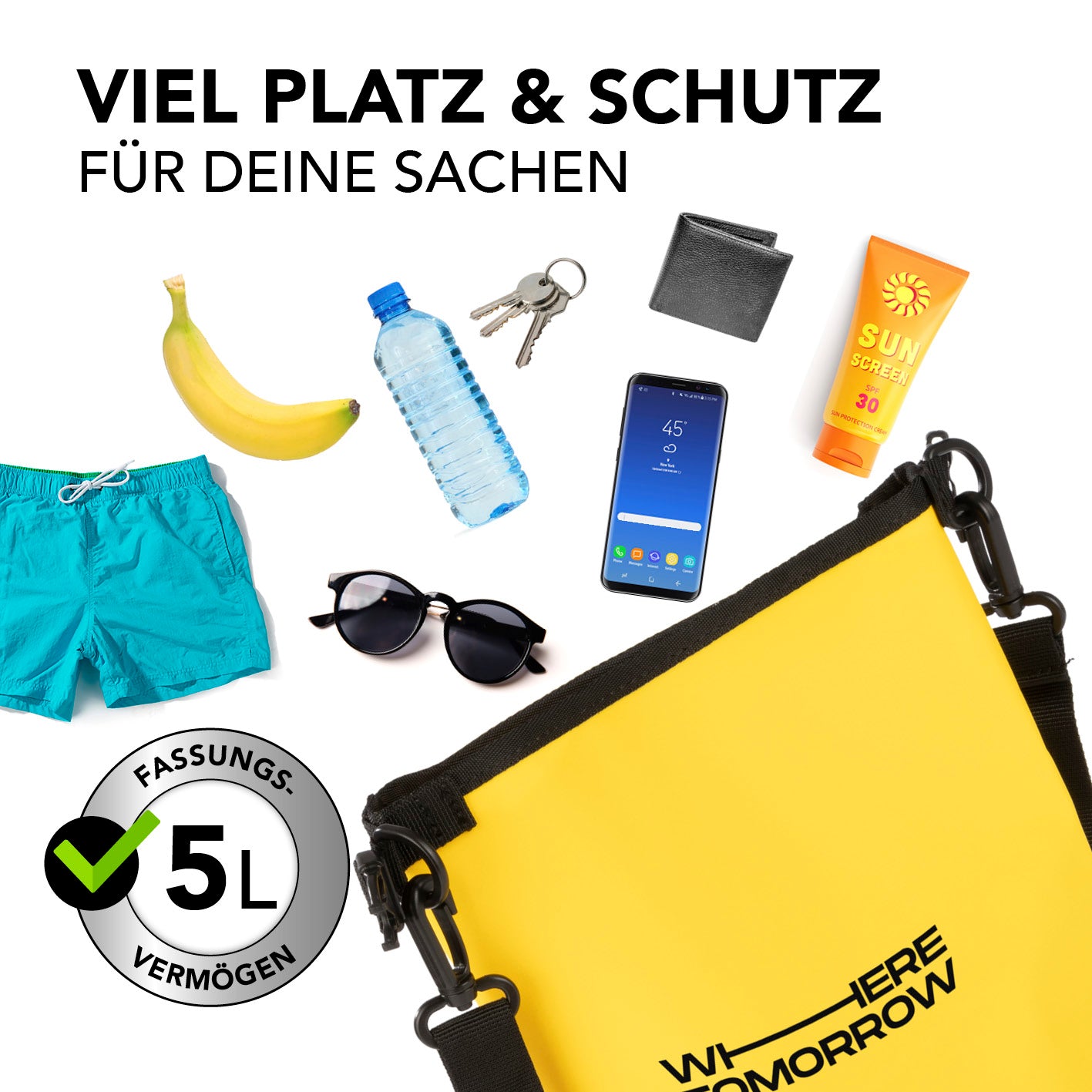 Dry Bag 5L - Style 01 - Gelb wasserdichter, robuster Outdoor-Rucksack mit 5L Fassungsvermögen und verstellbarem Schultergurt.