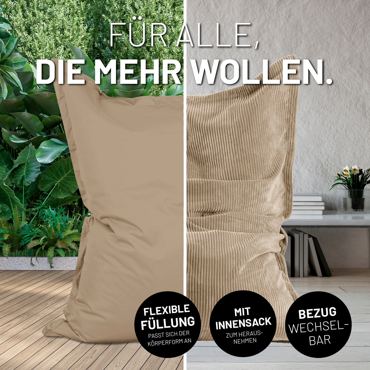 Sitzsack Classic XXL All-in-One Set 380 L 140 x 180 cm Beige mit flexiblem Bezug und wetterfestem Outdoor- sowie weichem Indoor-Stoff