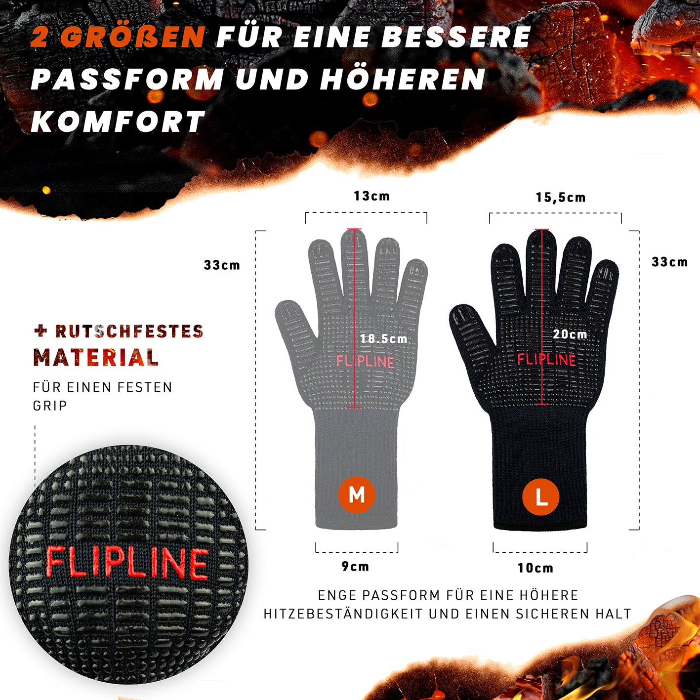 Grillhandschuhe - Größe L, hitzebeständig bis 500°, mit rutschfester Silikonbeschichtung und langem Schutzarm für maximalen Komfort.