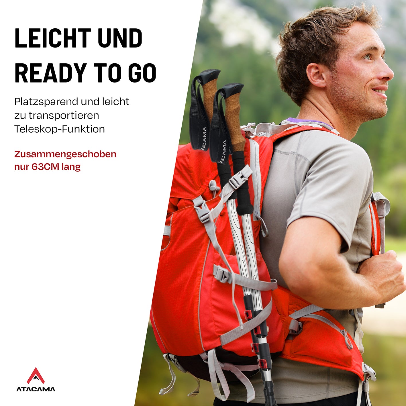Teleskop Wanderstöcke - Aluminium - 63 cm /135 cm leicht, faltbar und platzsparend am Rucksack für vielseitige Outdooraktivitäten.