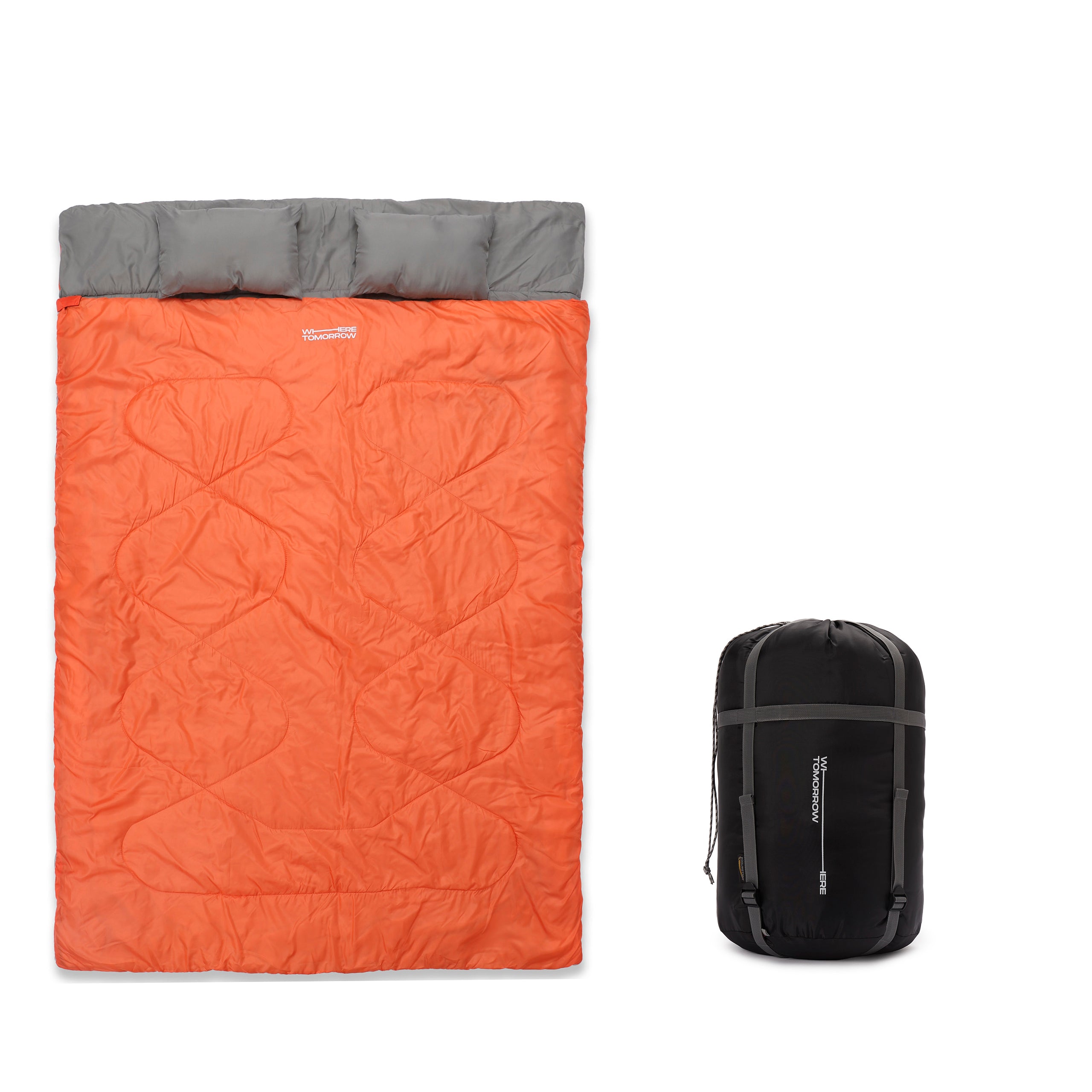 Doppelschlafsack mit Tragetasche - 2-Personen Schlafsack 190x150 cm in Orange, wasserabweisend, ideal fürs Camping zu zweit.