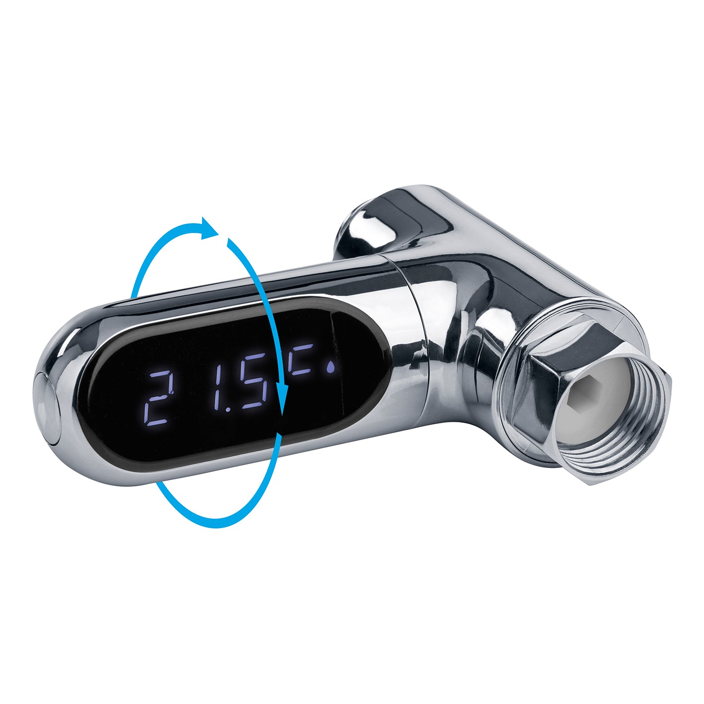 Thermometer für Wasserarmaturen - chromfarben mit LED-Temperaturanzeige, einfache Montage, Temperaturbereich 5-85 °C, genau und gut ablesbar.