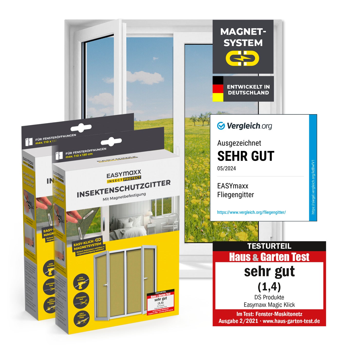 Insektenschutzgitter mit Magnetbefestigung - 2er-Set - 110 x 130 cm - Schwarz, einfach montierbar, hält Insekten zuverlässig draußen.