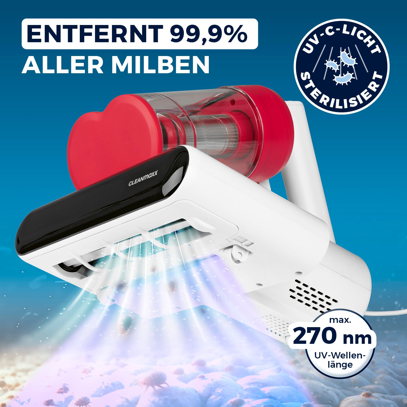 Milbensauger Rotation Rot/Weiß mit UV-C-Licht entfernt 99,9% Milben von Heimtextilien effizient und chemiefrei.