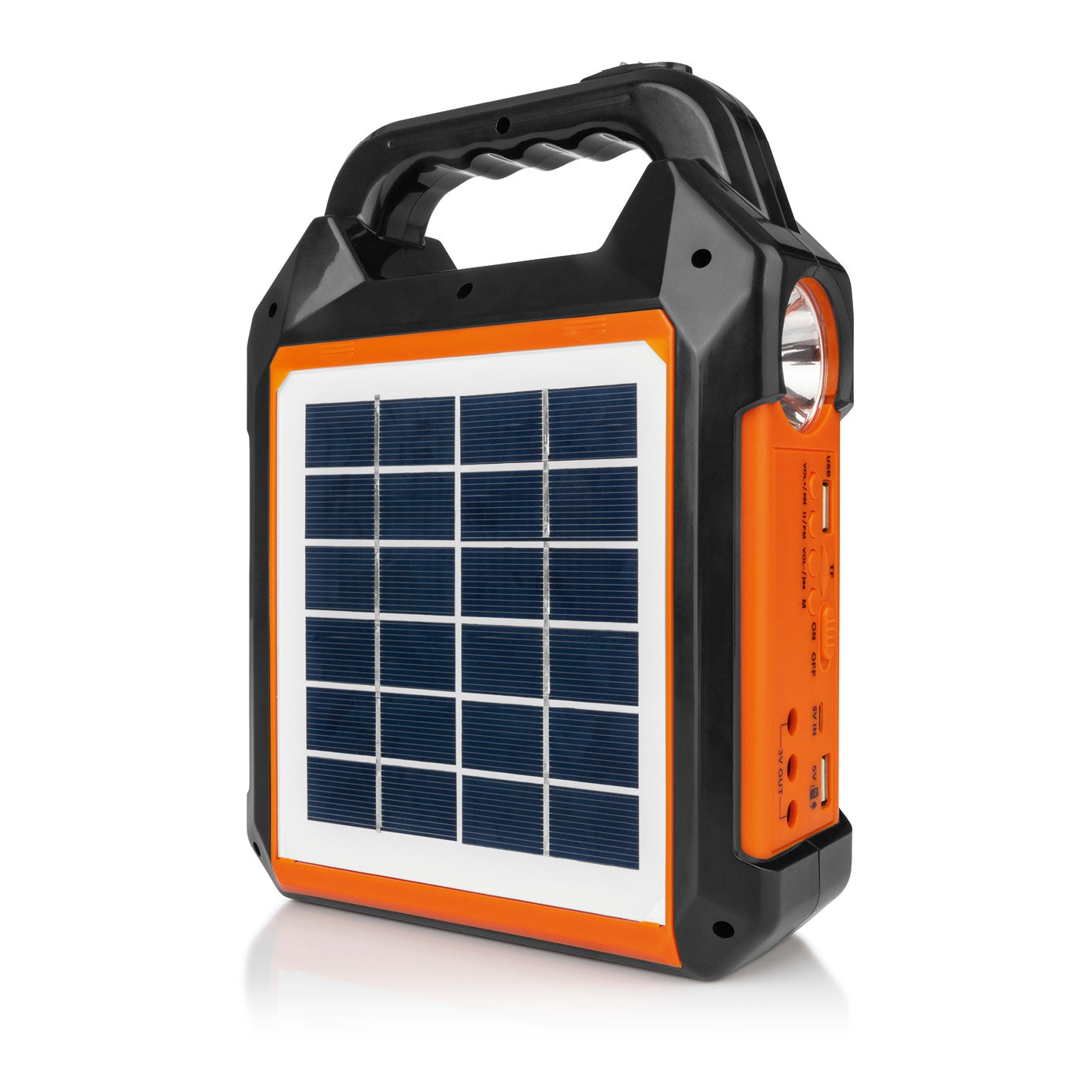 Solar-Generator Kit 4500mAh schwarz/orange mit Solarpanel, Taschenlampe, FM-Radio und LED-Leuchten zum Aufladen von Geräten.