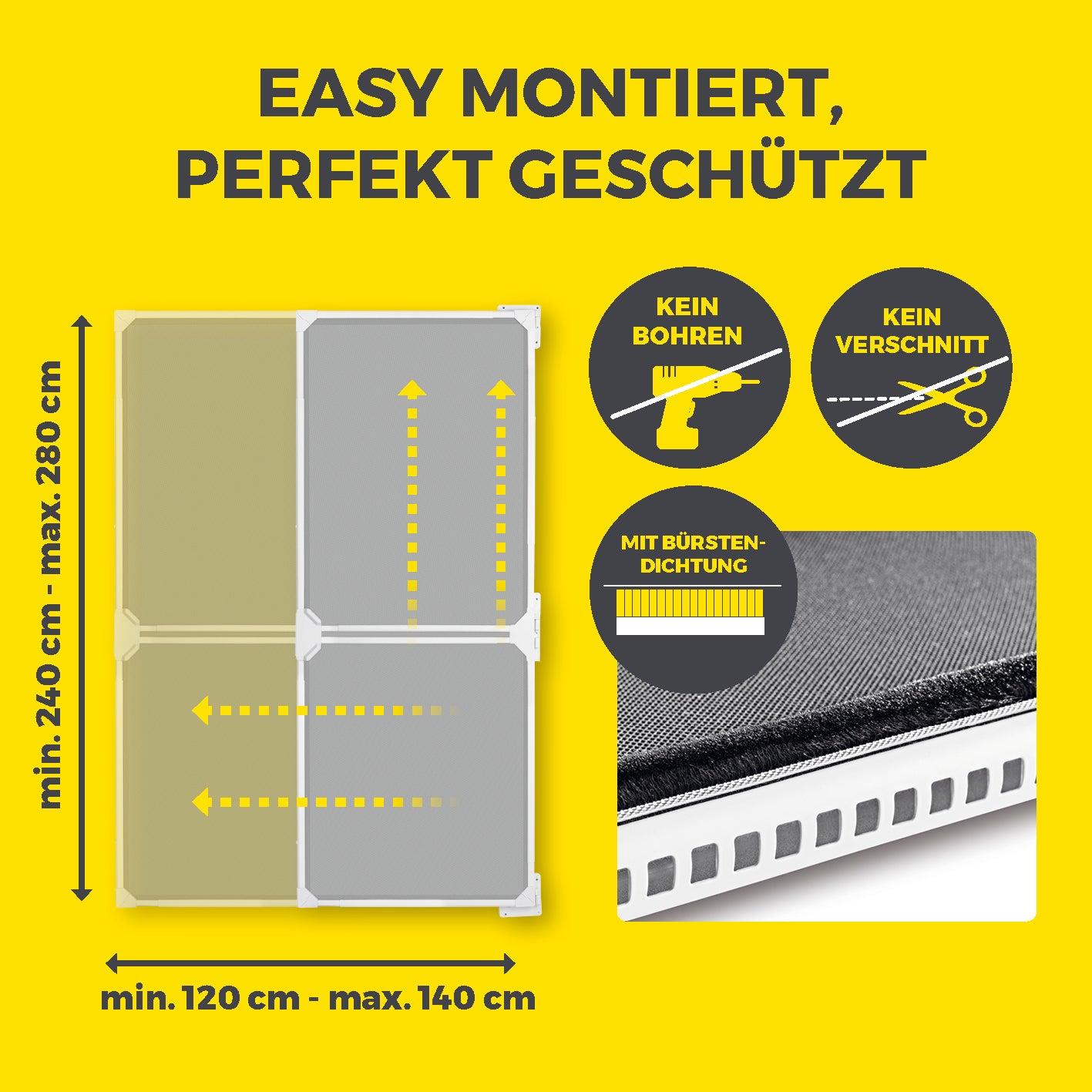 Teleskop-Insektenschutzgitter Schwingtür - Weiß, einfach montiert ohne Bohren, mit Bürstendichtung für optimalen Schutz.