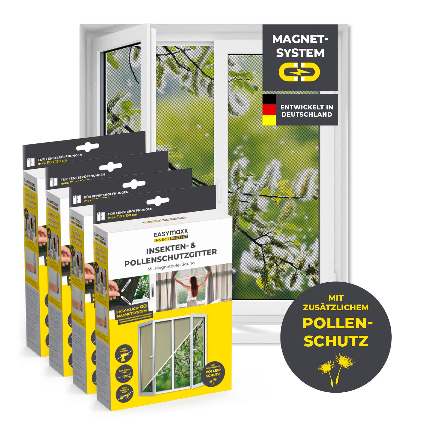 Insekten- & Pollenschutzgitter mit Magnetbefestigung - 4er-Set - 110x130cm - Schwarz für effektiven Insekten- und Pollenschutz am Fenster.