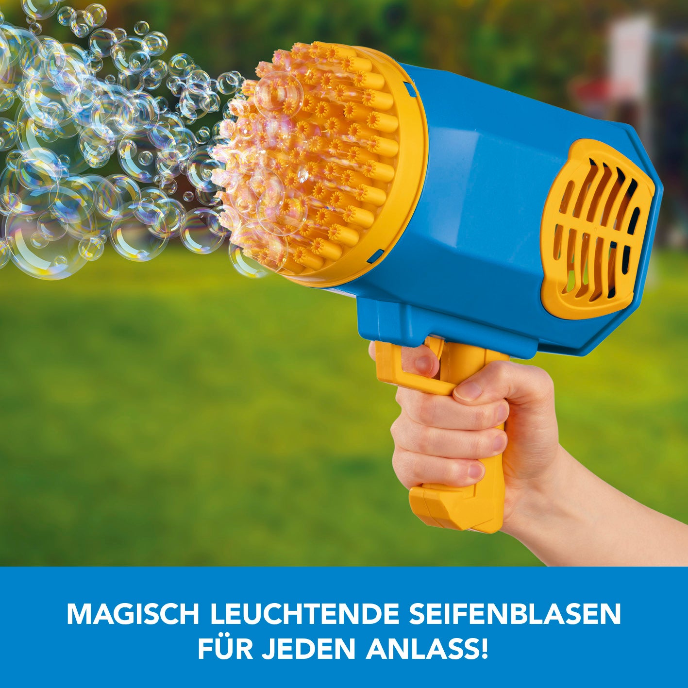 Bubble Maker / Seifenblasengerät erzeugt automatisch bunte Seifenblasen mit 69 Auslässen und LEDs, ideal für Kindergeburtstage und Feiern.