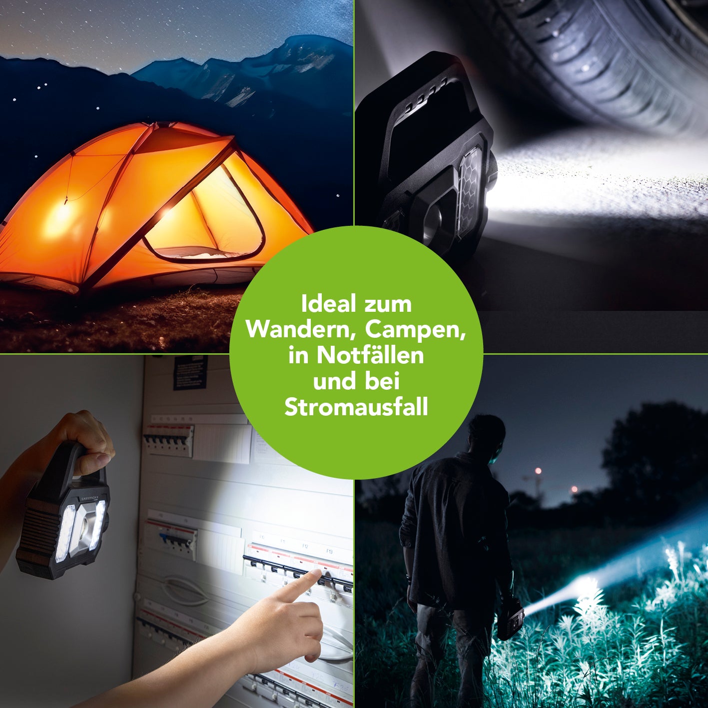 Solar-Arbeitsleuchte mobil - Schwarz mit Akku, Solarladung und 6 Lichtmodi ideal für Camping, Wandern, Notfälle und Stromausfall