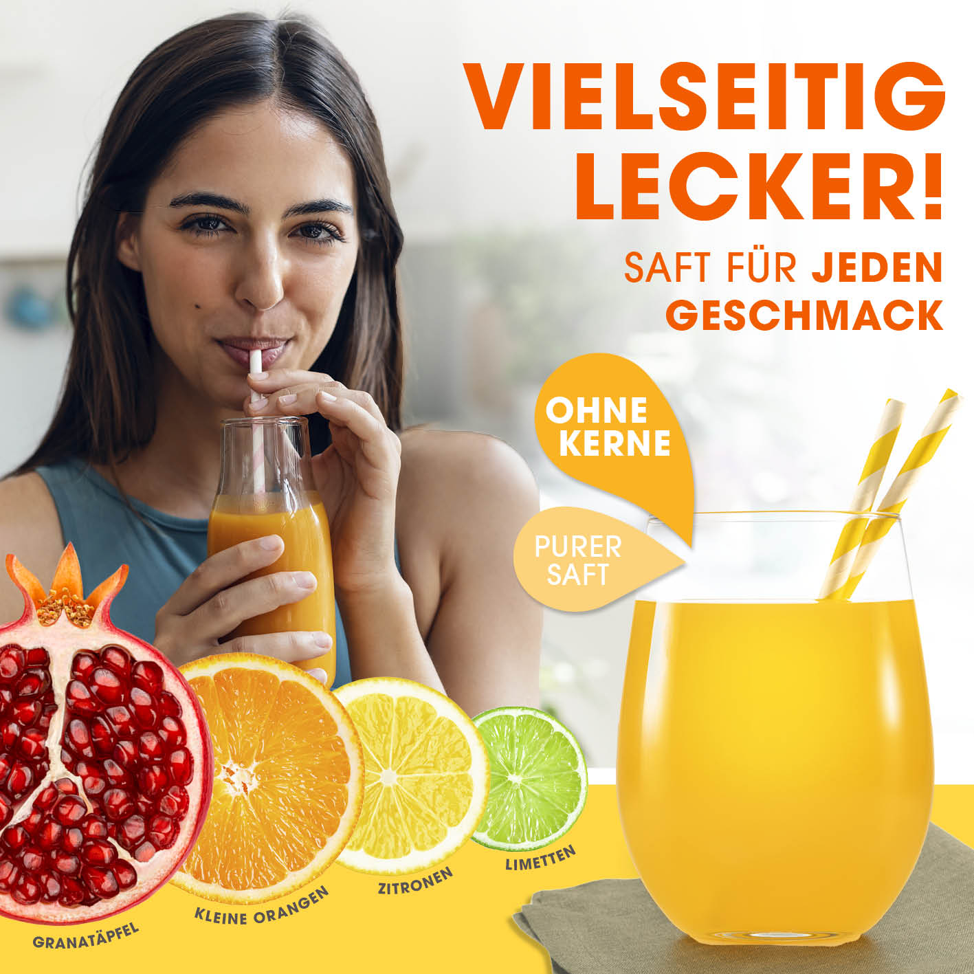 Set Saftpresse & Orangenspender - Schwarz/Silber mit frischem Saft aus Granatapfel, Orangen, Zitronen und Limetten ohne Kerne.