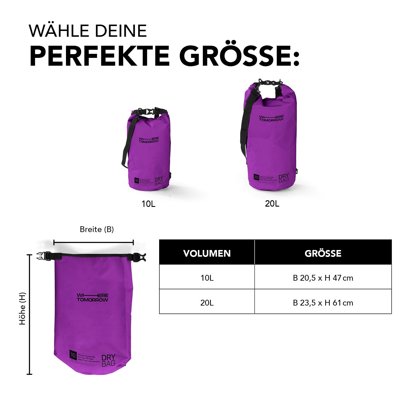 Dry Bag 20L - Style 01 - Lila, wasserdichter und robuster Outdoor-Rucksack mit Rolltop-Verschluss und UV-Schutz.