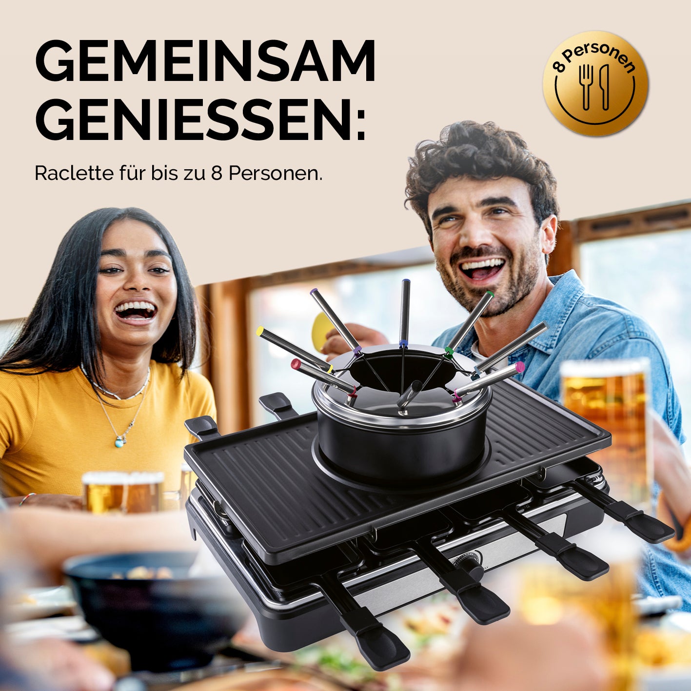 Raclette- und Fondue-Set - 8 Personen mit 2in1-Grillplatte, Fonduetopf und 8 Pfännchen für gemeinsames Genießen.