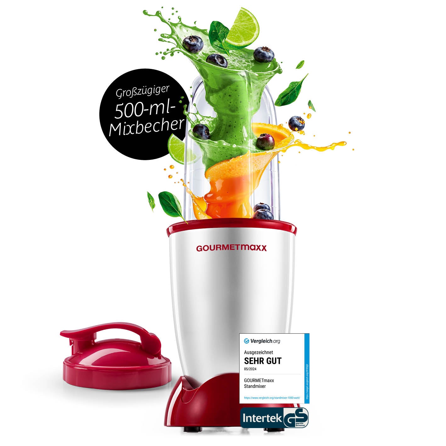 Mr. Magic Power 400 Pro Basis-Set M in Silber/Rot mit 500-ml Mixbecher, Edelstahl-Klingenaufsatz und 400-W-Motor.