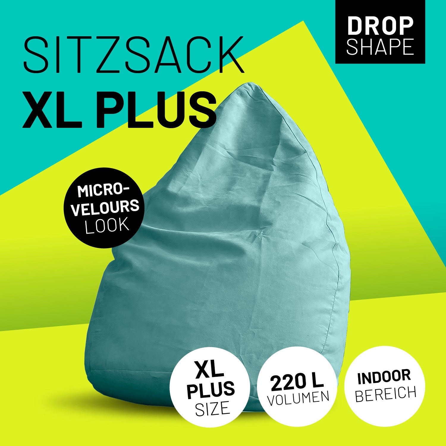 Luxury XL PLUS Sitzsack (220 L) in Türkis, ergonomisch geformt, mikro-velours Optik, für den Indoor-Bereich geeignet.