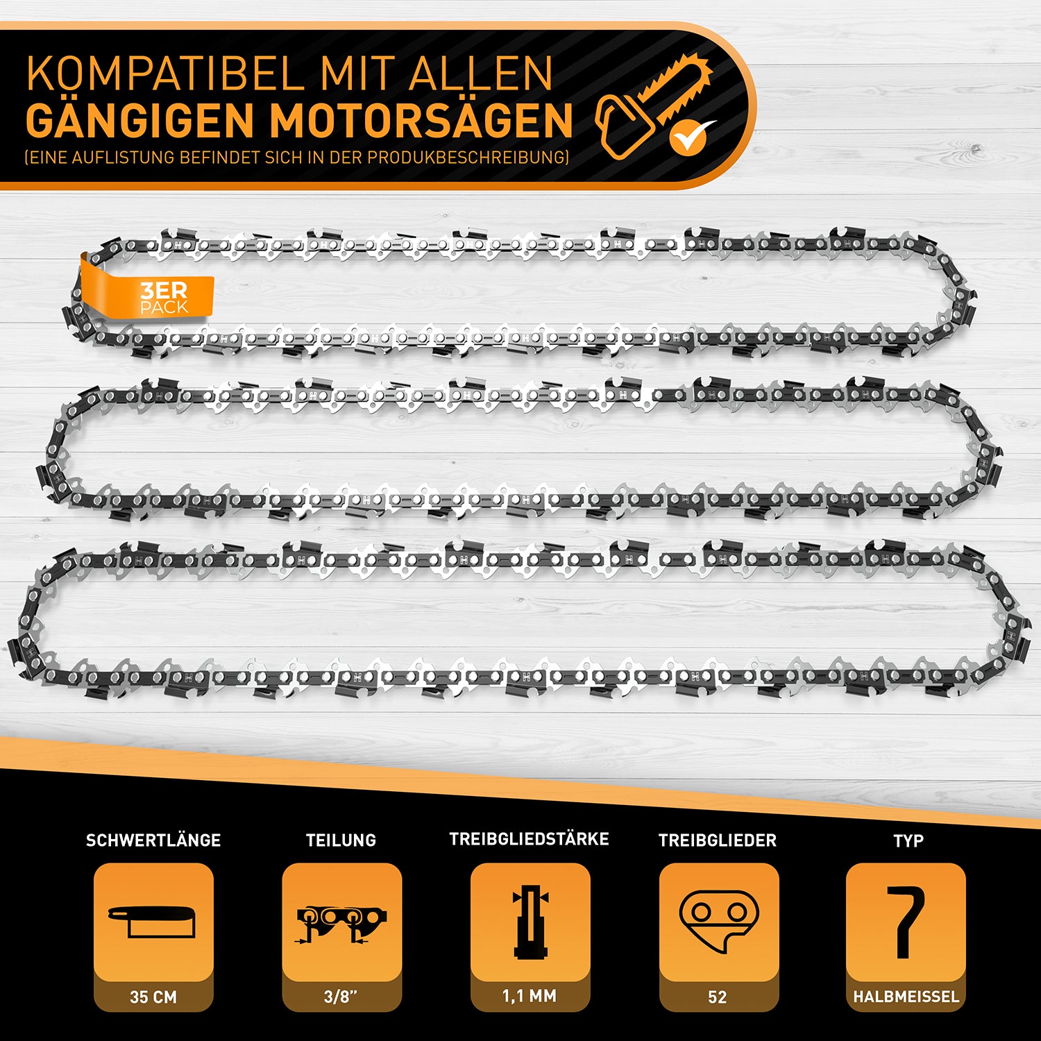 Sägeketten 3/8" 1,1mm für 35cm Schwert - 3er Pack, kompatibel mit allen gängigen Motorsägen, Halbmeißel, 52 Treibglieder