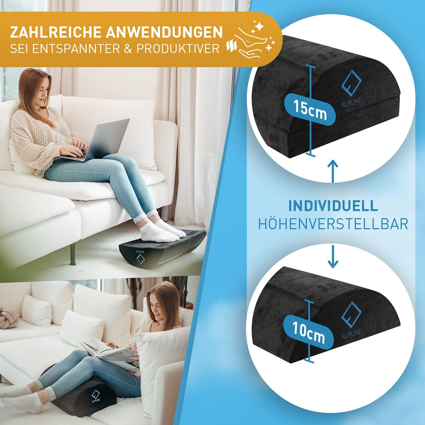 Schreibtisch-Fußstütze mit Fußtasche - Schwarz, höhenverstellbar, mit Samtbezug für ergonomischen Komfort im Büro und Homeoffice.