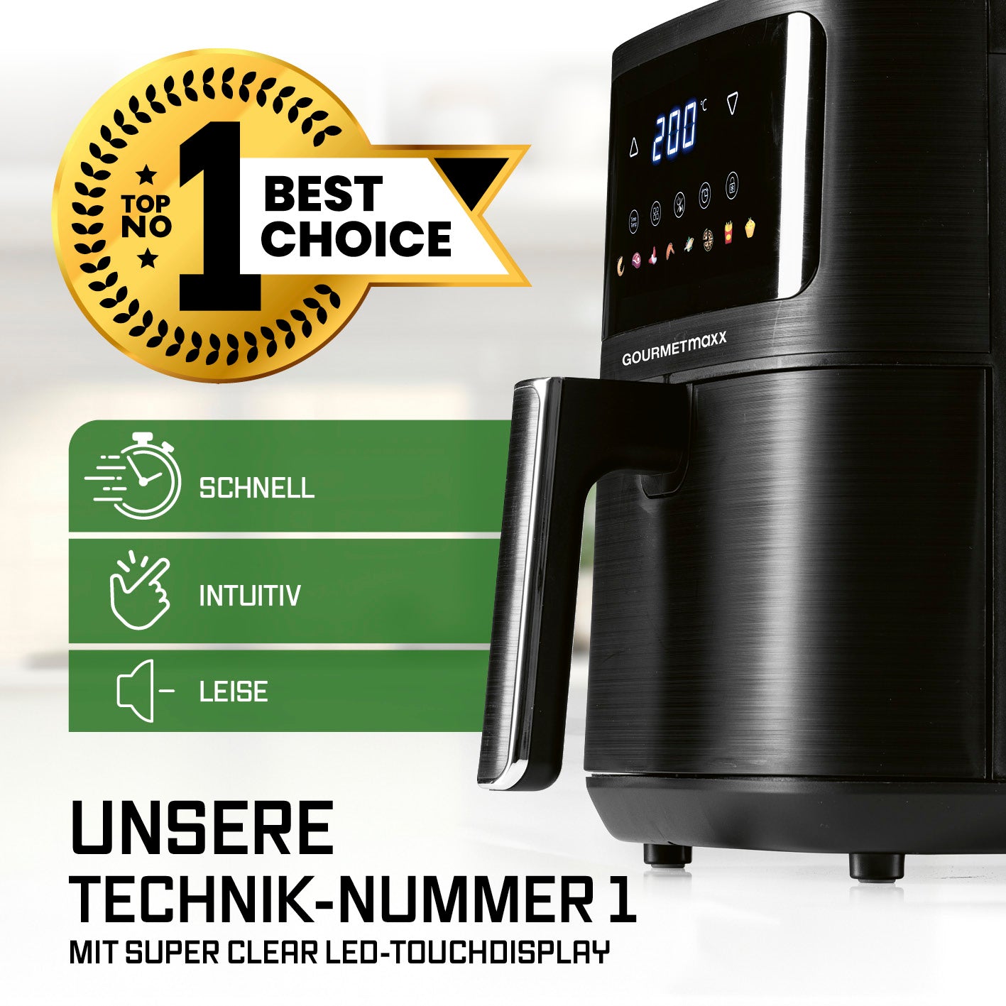 Heißluftfritteuse - 4,5 Liter mit mattschwarzem Design, LED-Touchdisplay und schneller, leiser Heißlufttechnik für fettarmes Frittieren.